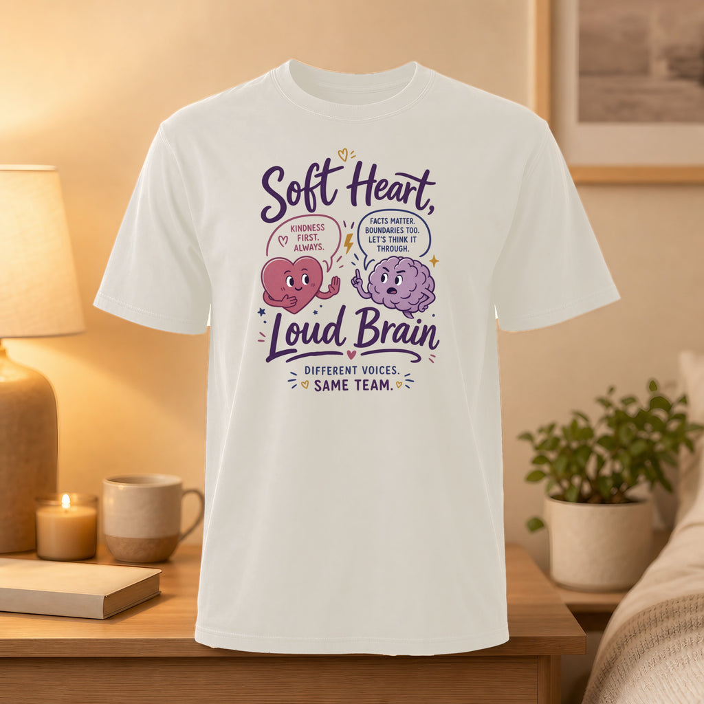 White t-shirt with "Soft Heart, Loud Brain" graphic and text about kindness and facts.