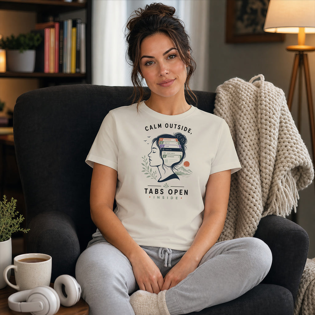 Woman in armchair wearing t-shirt with "Tabs Open Inside" graphic.