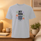 White t-shirt with "My Mind is a Group Chat" graphic and dialogue bubbles.