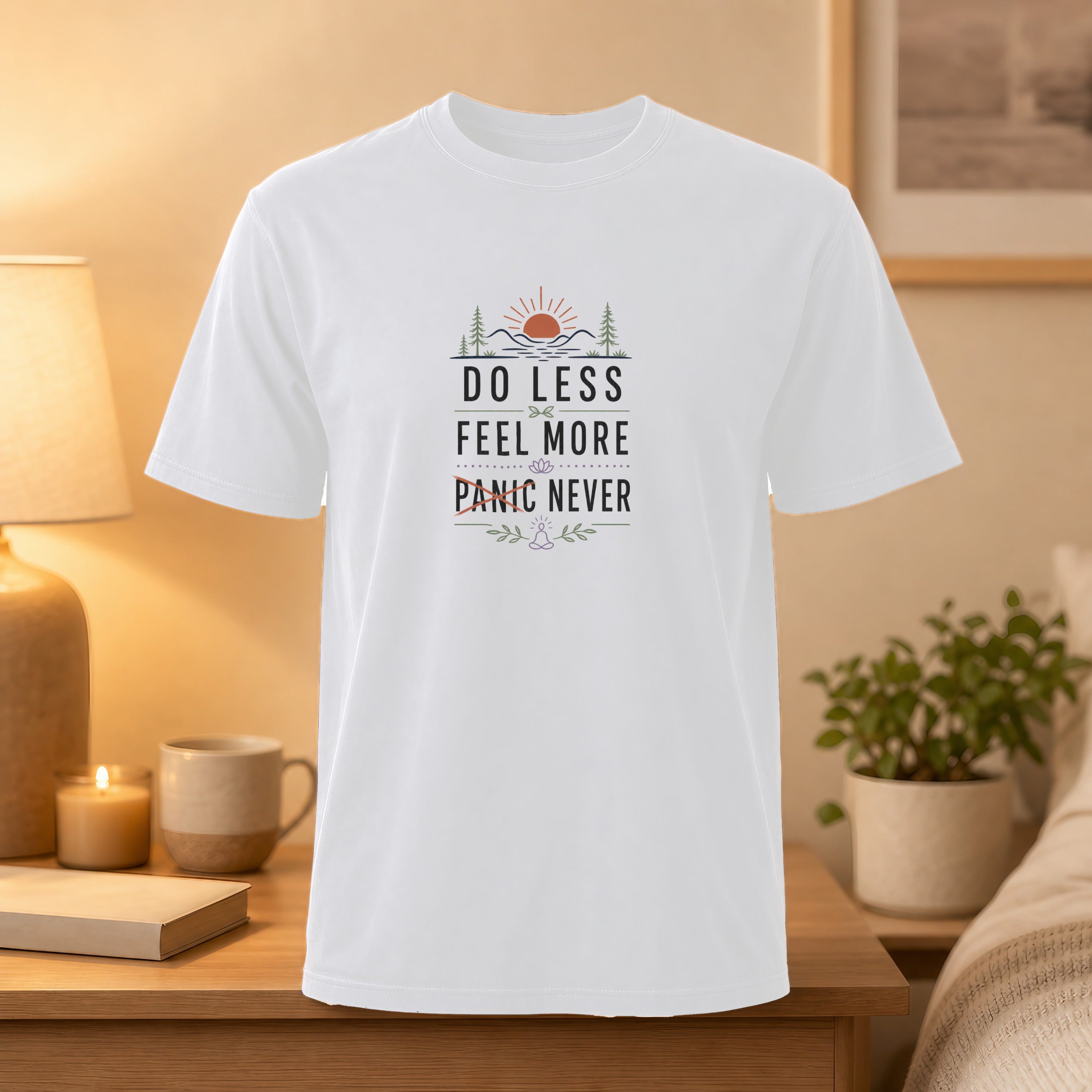 White t-shirt with "Do Less, Feel More, Panic Never" text and mountain graphic.