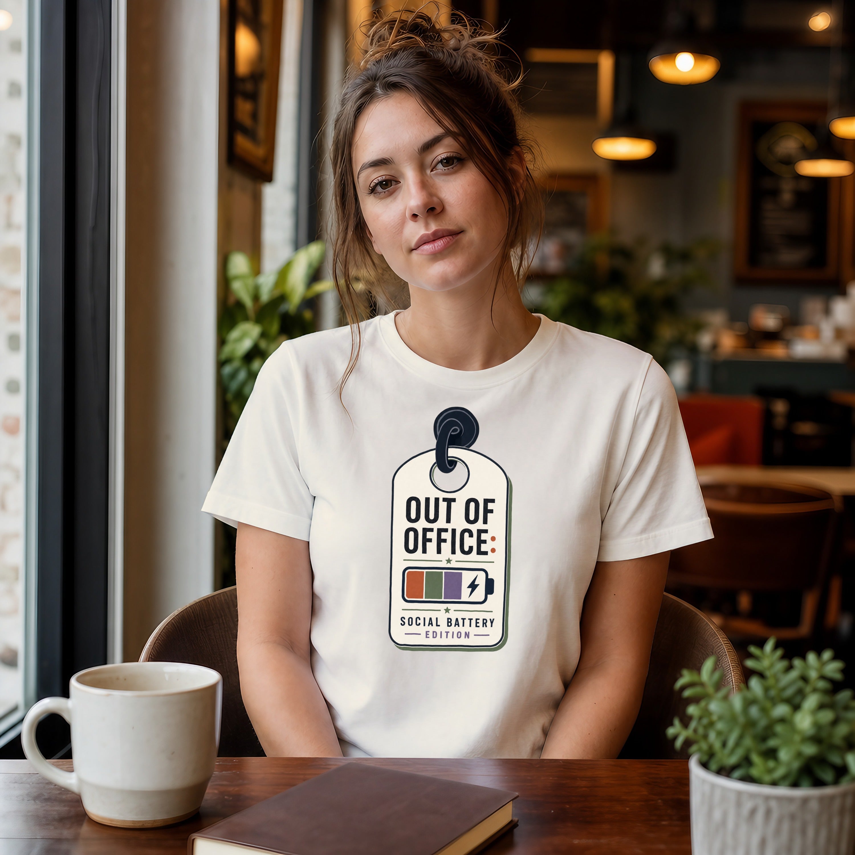 Woman wearing a white t-shirt with a tag graphic saying "Out of Office" and battery icon.