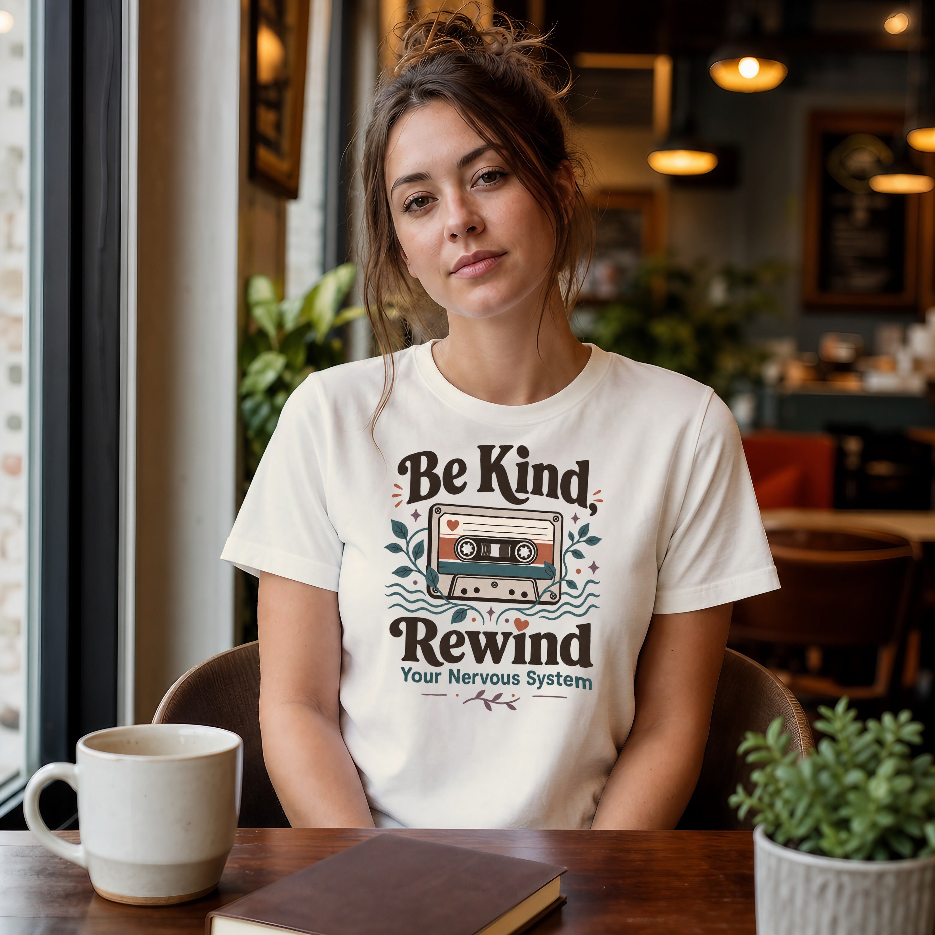 Woman wearing a white t-shirt with a cassette tape design and text "Be Kind Rewind Your Nervous System".