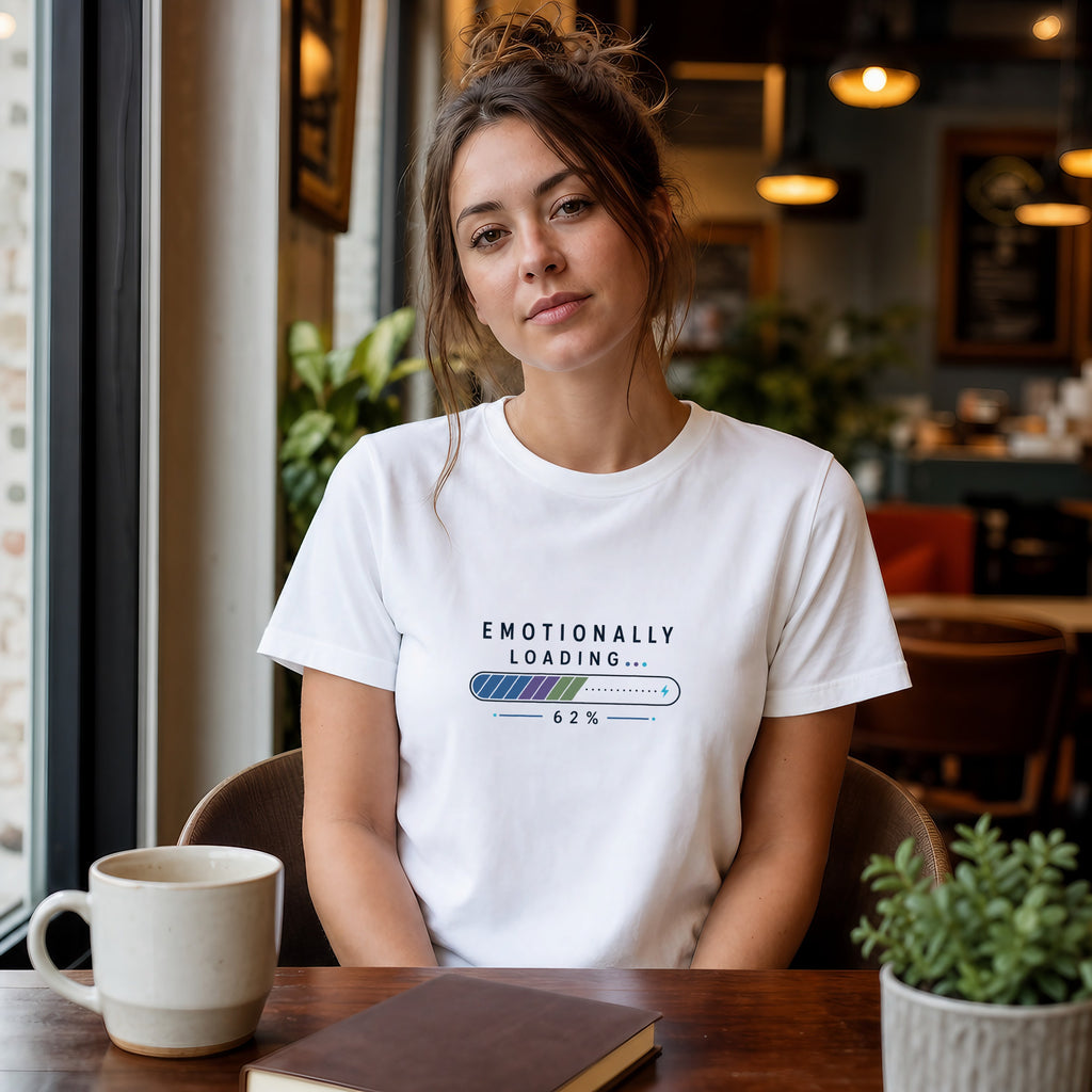 Woman in white t-shirt with "Emotionally Loading" text and a progress bar.