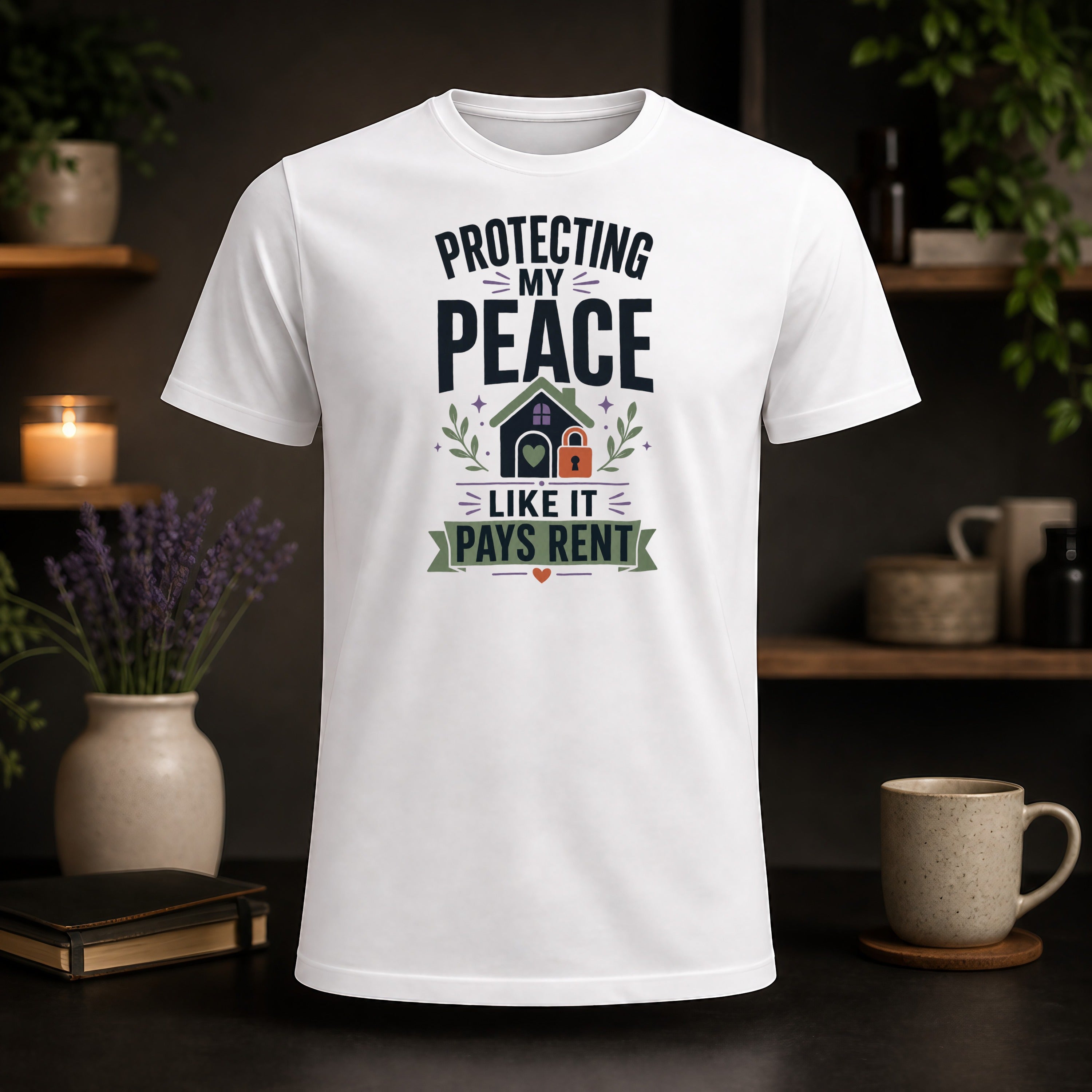 White t-shirt with "Protecting My Peace Like It Pays Rent" graphic.