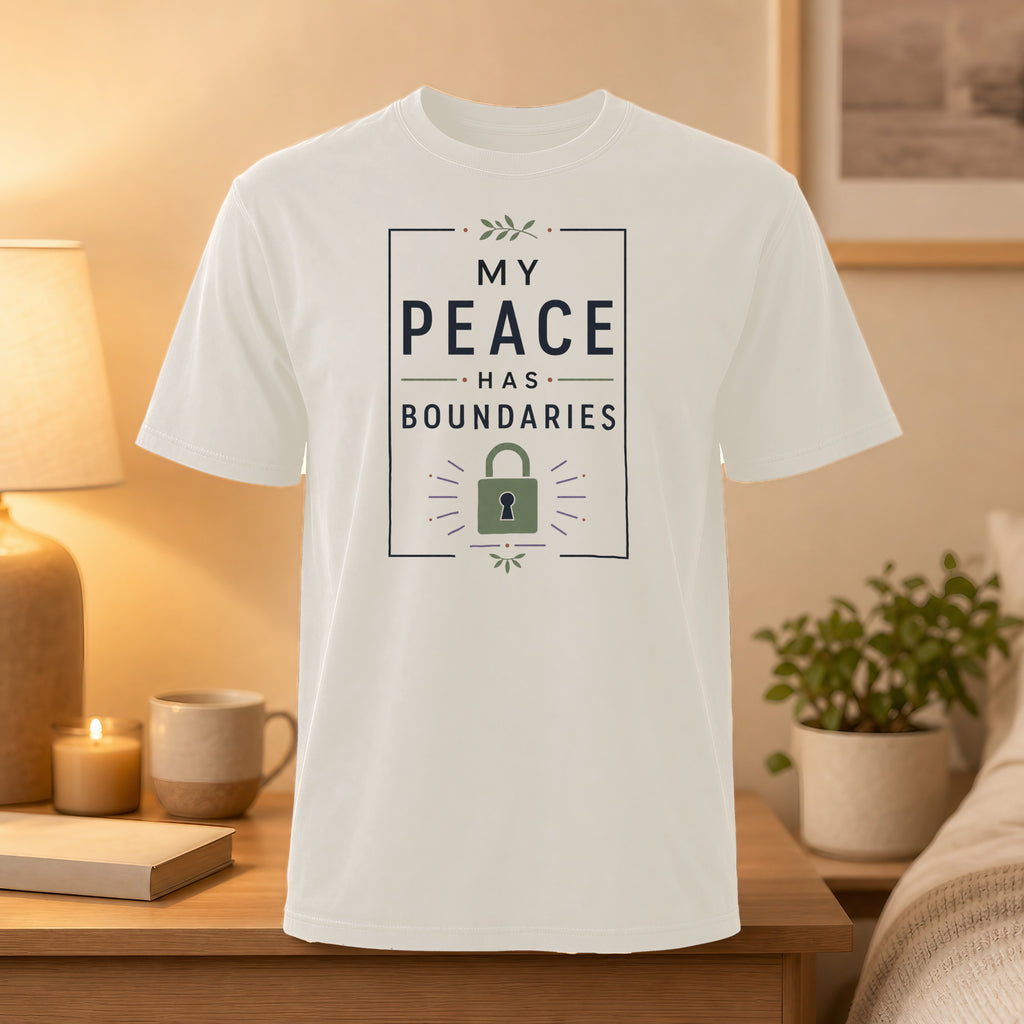 White t-shirt with "My Peace Has Boundaries" text and padlock graphic.