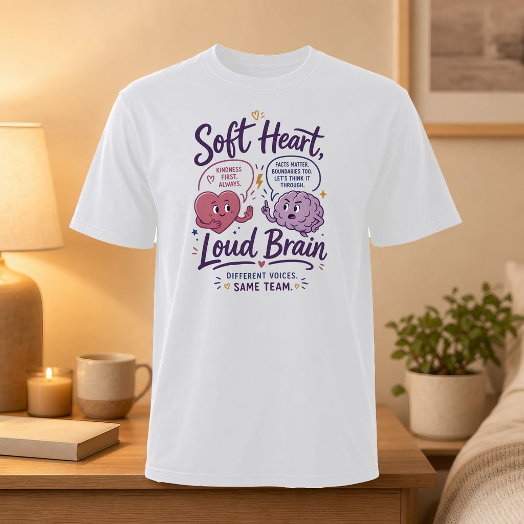 White t-shirt with "Soft Heart, Loud Brain" and illustrated heart and brain.