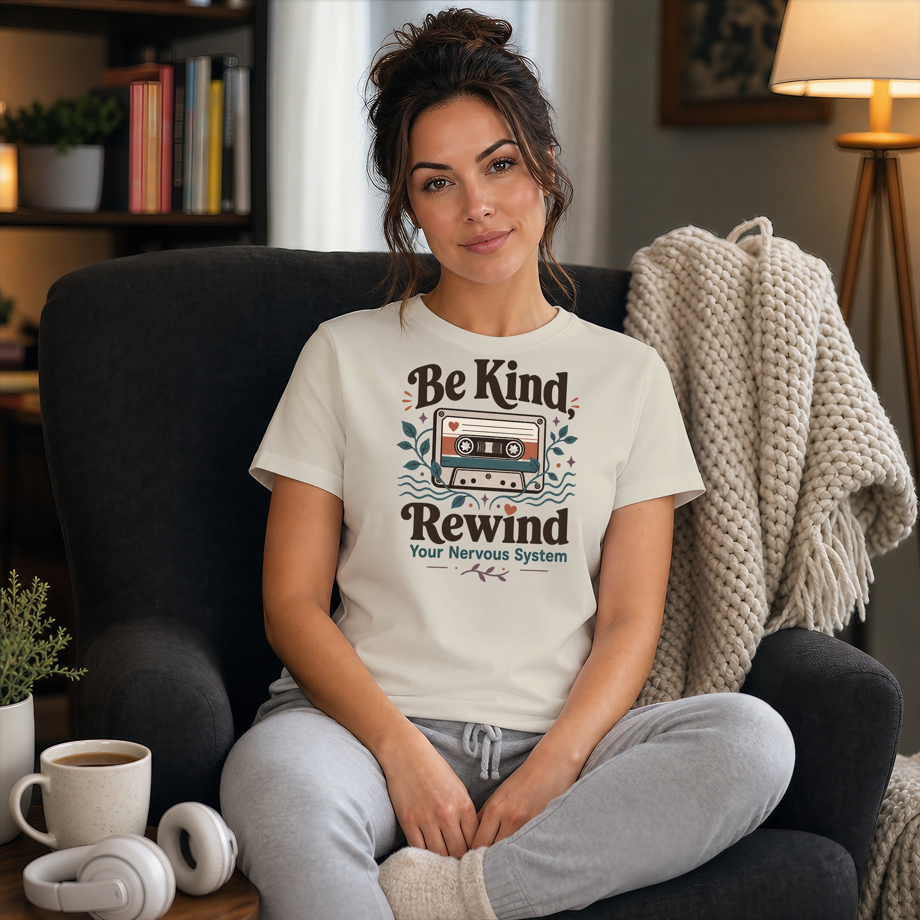 Woman wearing a t-shirt with "Be Kind, Rewind Your Nervous System" text.