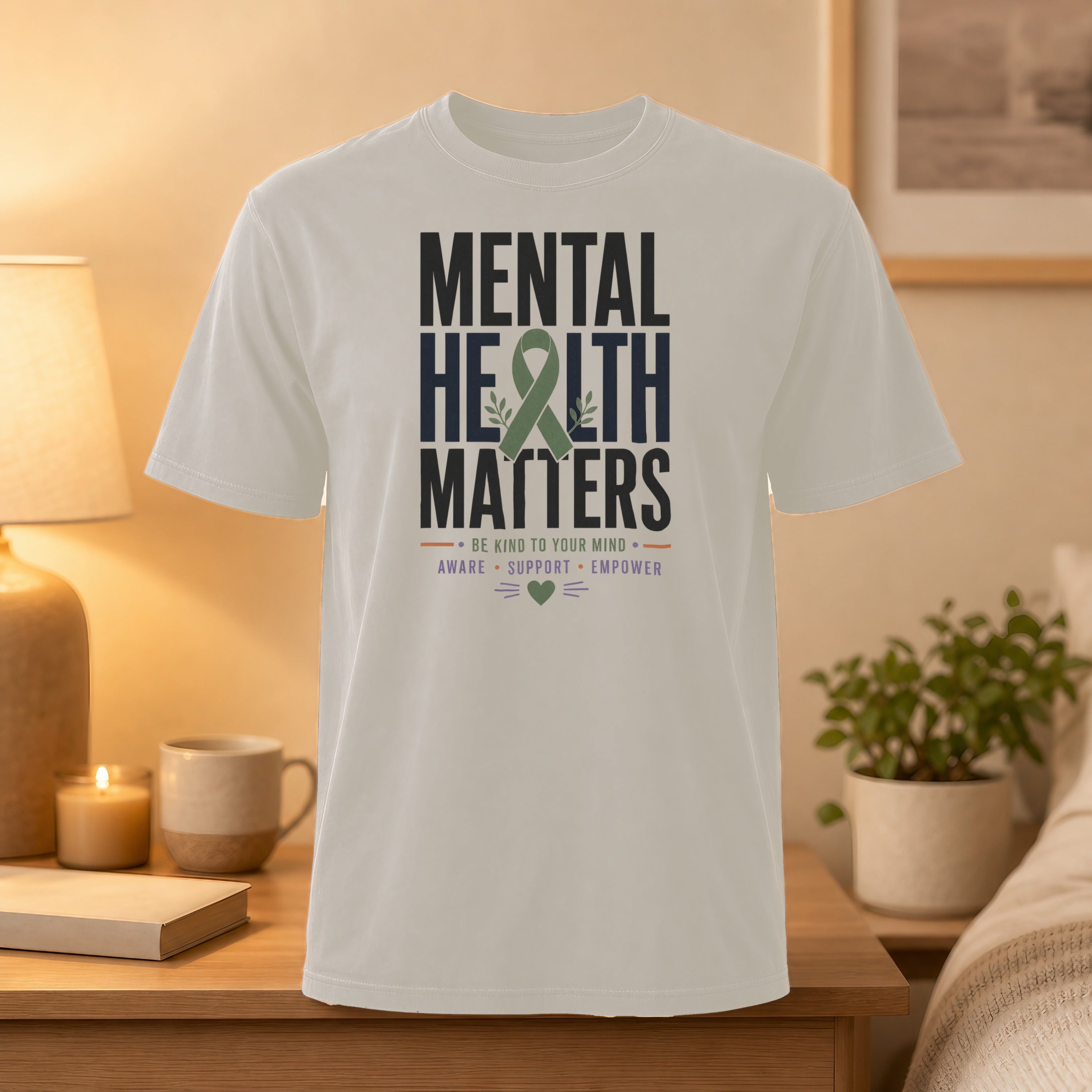 White t-shirt with "Mental Health Matters" text and awareness ribbon graphic.