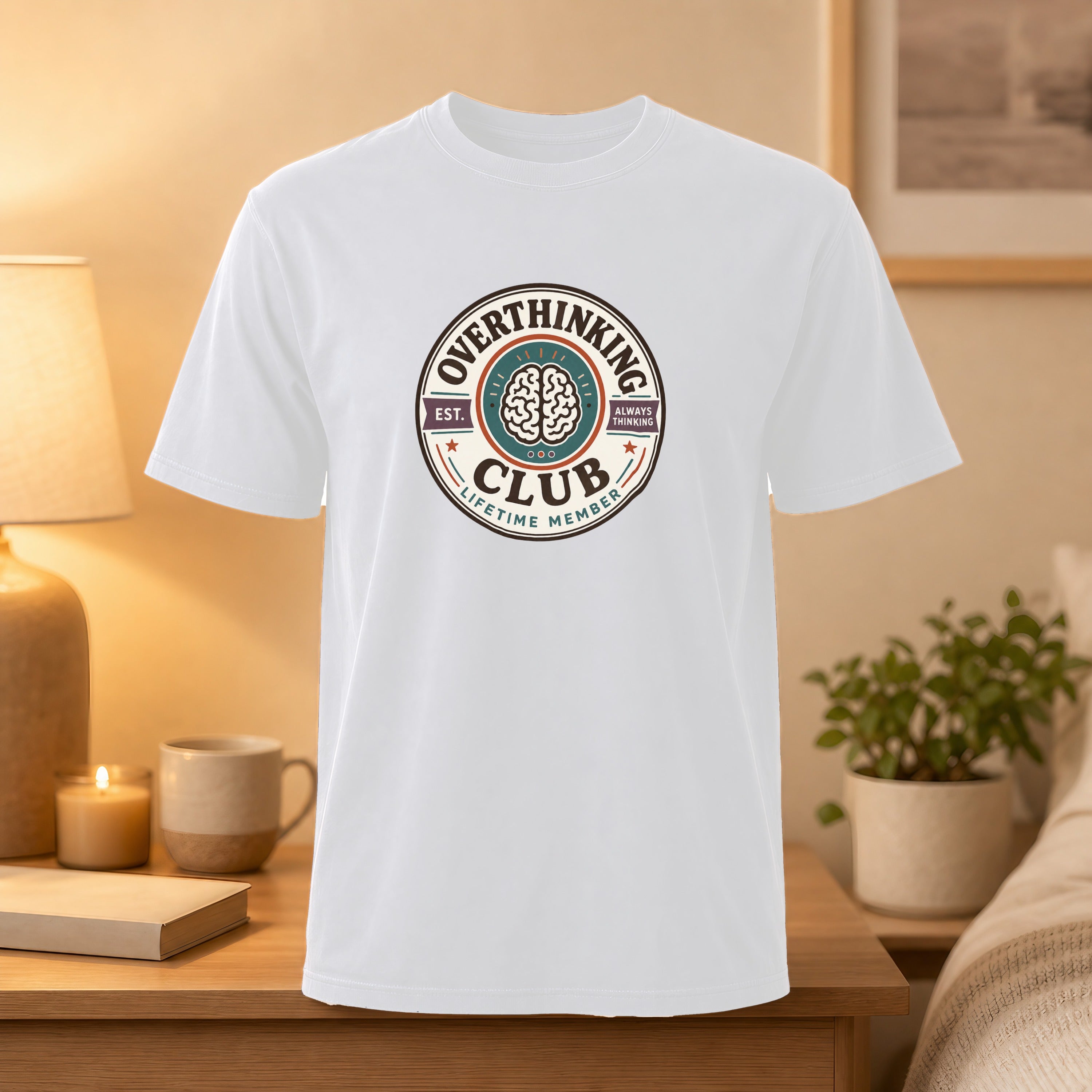 White t-shirt with "Overthinking Lifetime Member" circular logo.