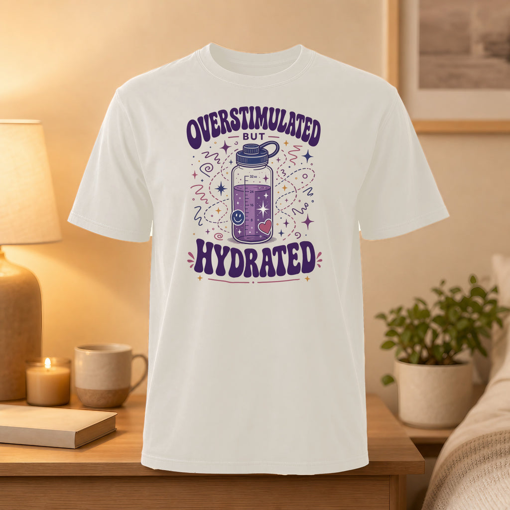 White t-shirt with "Overstimulated but Hydrated" text and a decorated water bottle graphic.