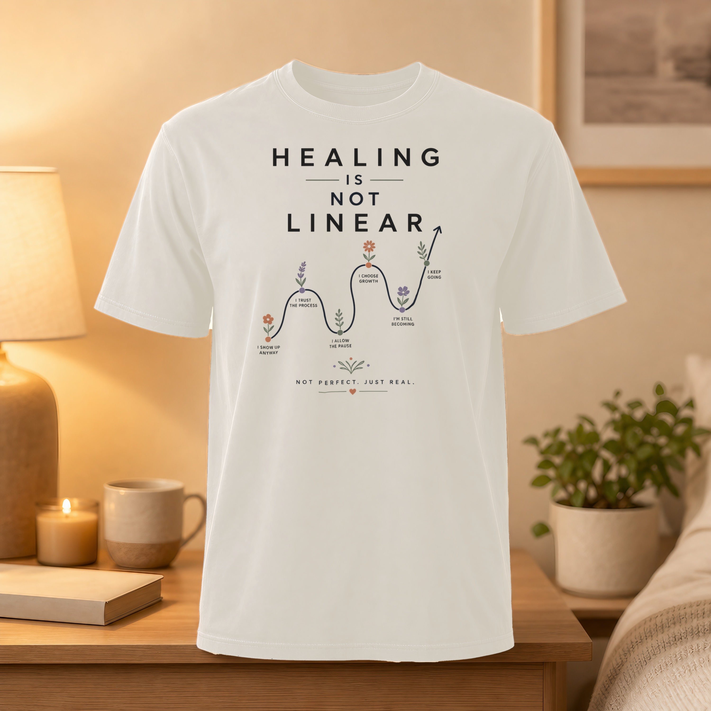 T-shirt graphic with text "HEALING IS NOT LINEAR" and a wavy line with floral icons.