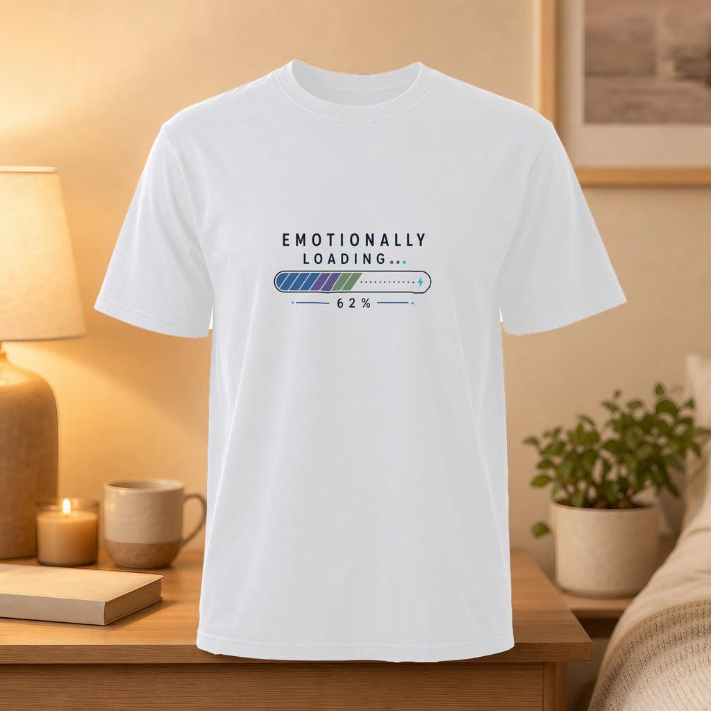 White t-shirt with "Emotionally Loading... 62%" loading bar graphic.