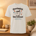 White t-shirt with "Overstimulated, Under-Caffeinated" graphic.