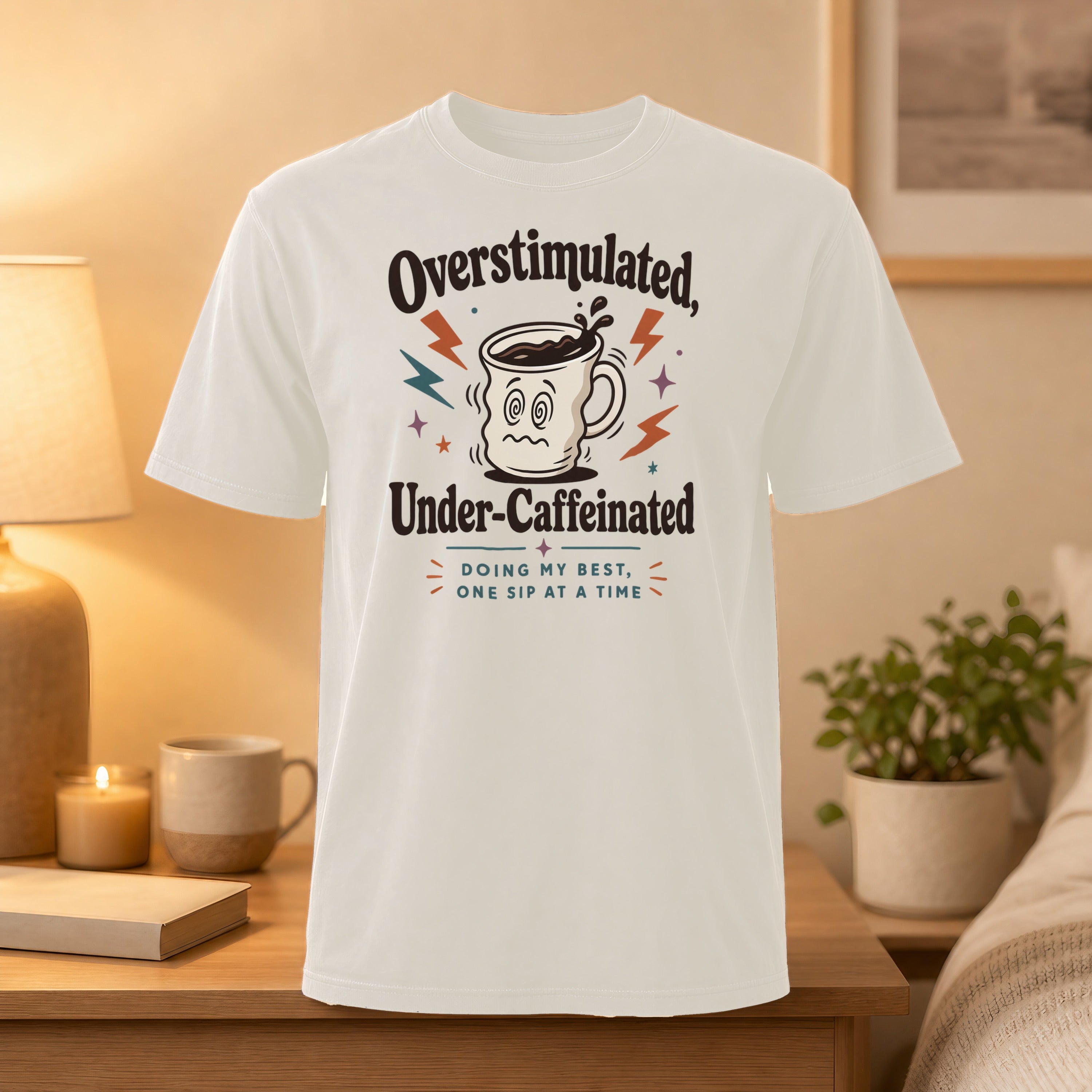 White t-shirt with "Overstimulated, Under-Caffeinated" graphic.