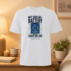 White t-shirt with "MY SOCIAL BATTERY" and "1% LOW ON PEOPLE" graphics.