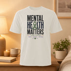 White t-shirt with "Mental Health Matters" and supportive phrases.