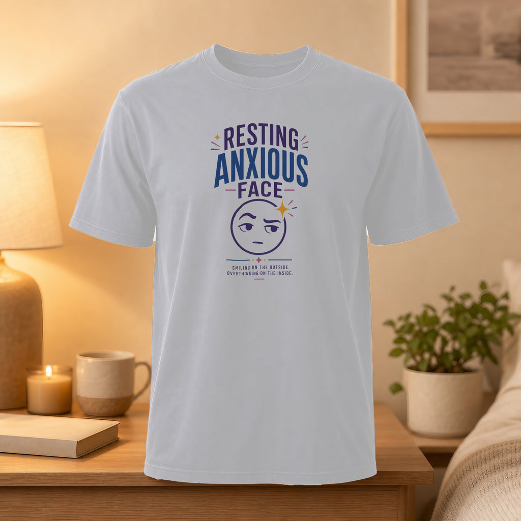 White t-shirt with "Resting Anxious Face" graphic and text.