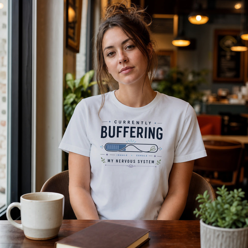 Woman wearing a white t-shirt with "Currently Buffering" text.