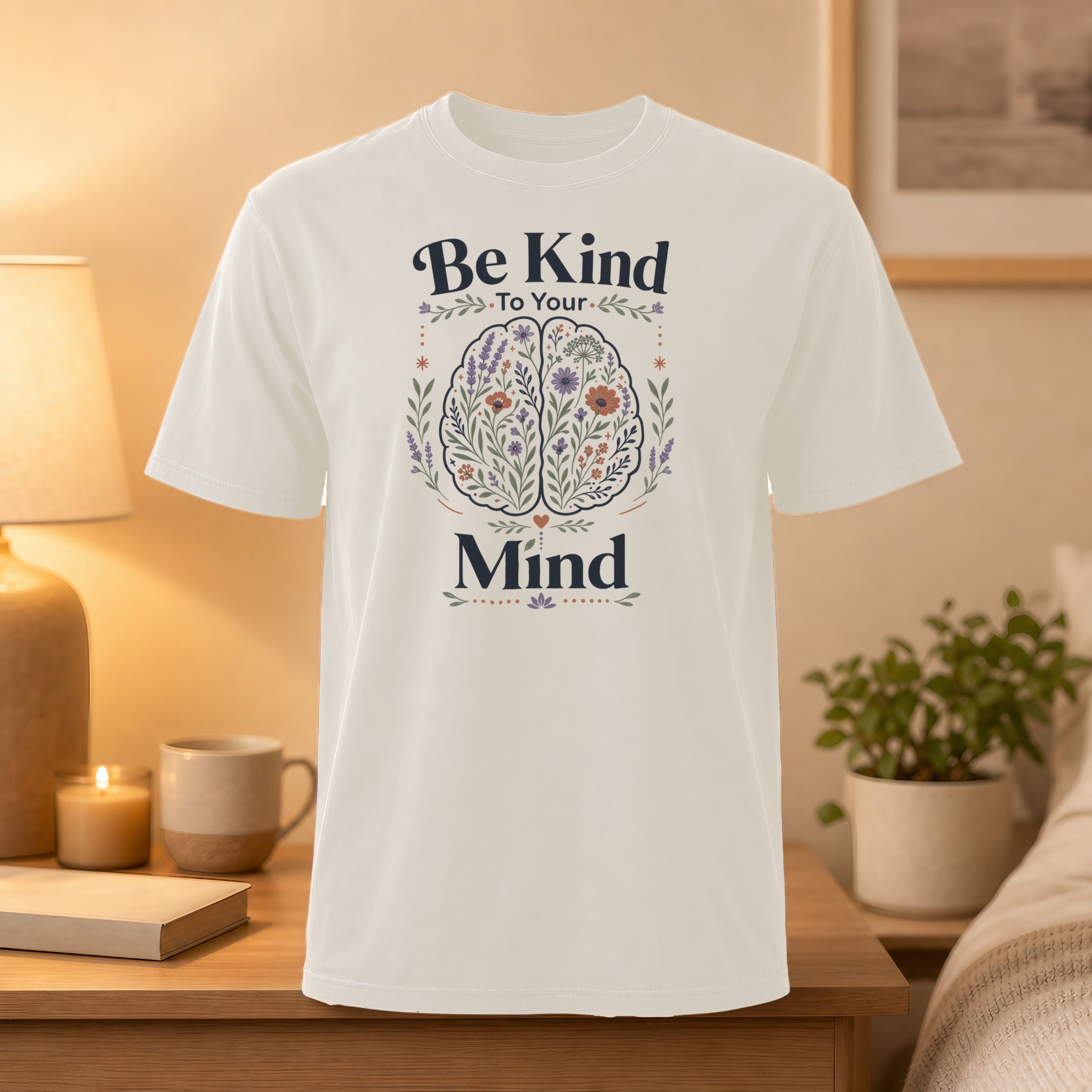 White t-shirt with "Be Kind To Your Mind" text and floral brain graphic.