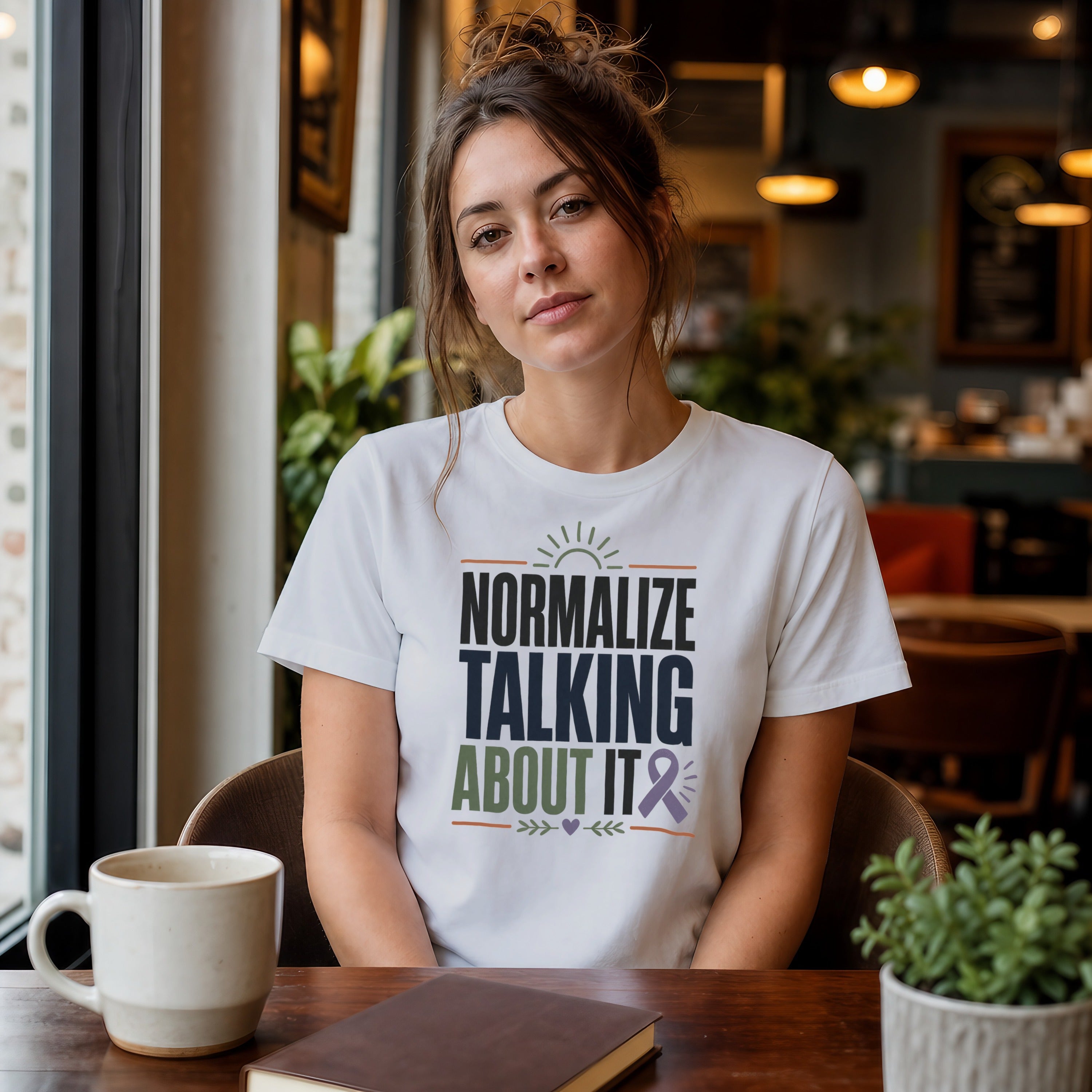 Woman in white t-shirt with text "Normalize Talking About It" and purple ribbon graphic.