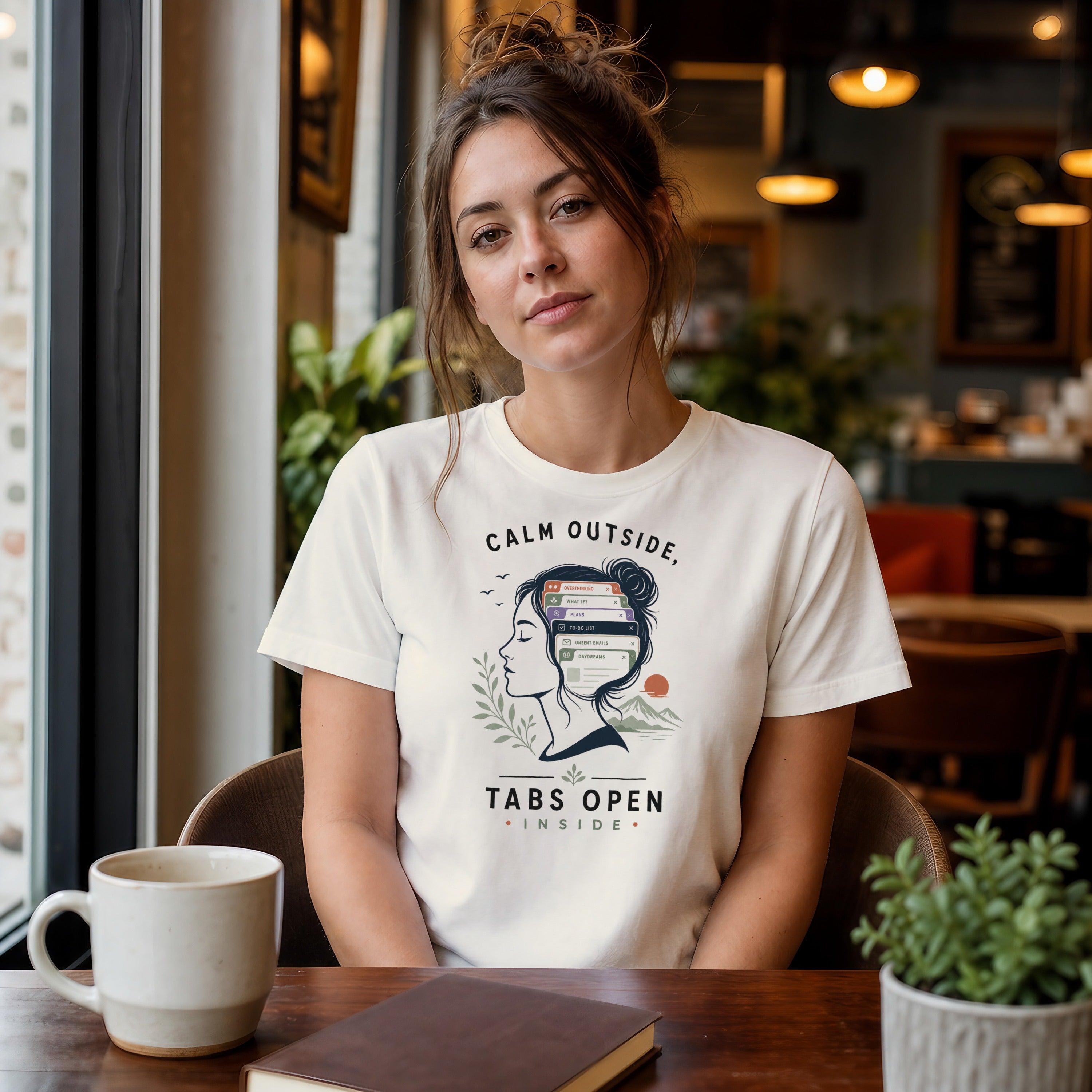 Woman wearing white t-shirt with "TABS OPEN INSIDE" graphic at cafe table.