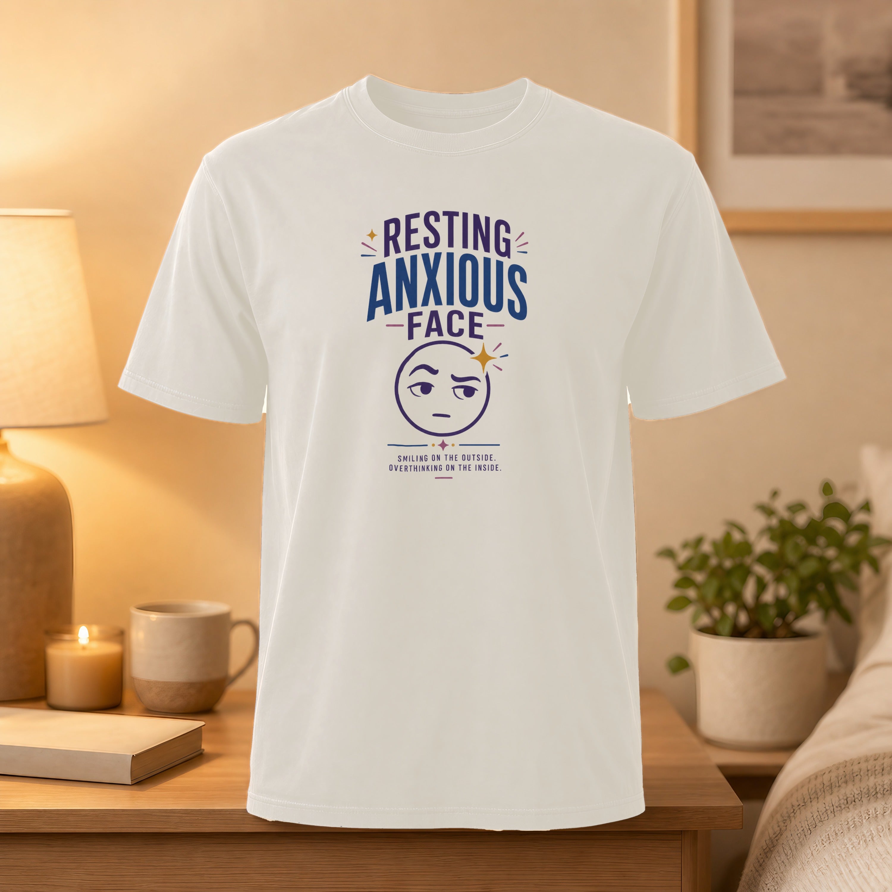 White t-shirt with "Resting Anxious Face" text and anxious emoji graphic.