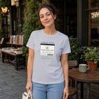 Woman wearing a t-shirt with "NERVOUS SYSTEM: PLEASE UPDATE LATER" text.