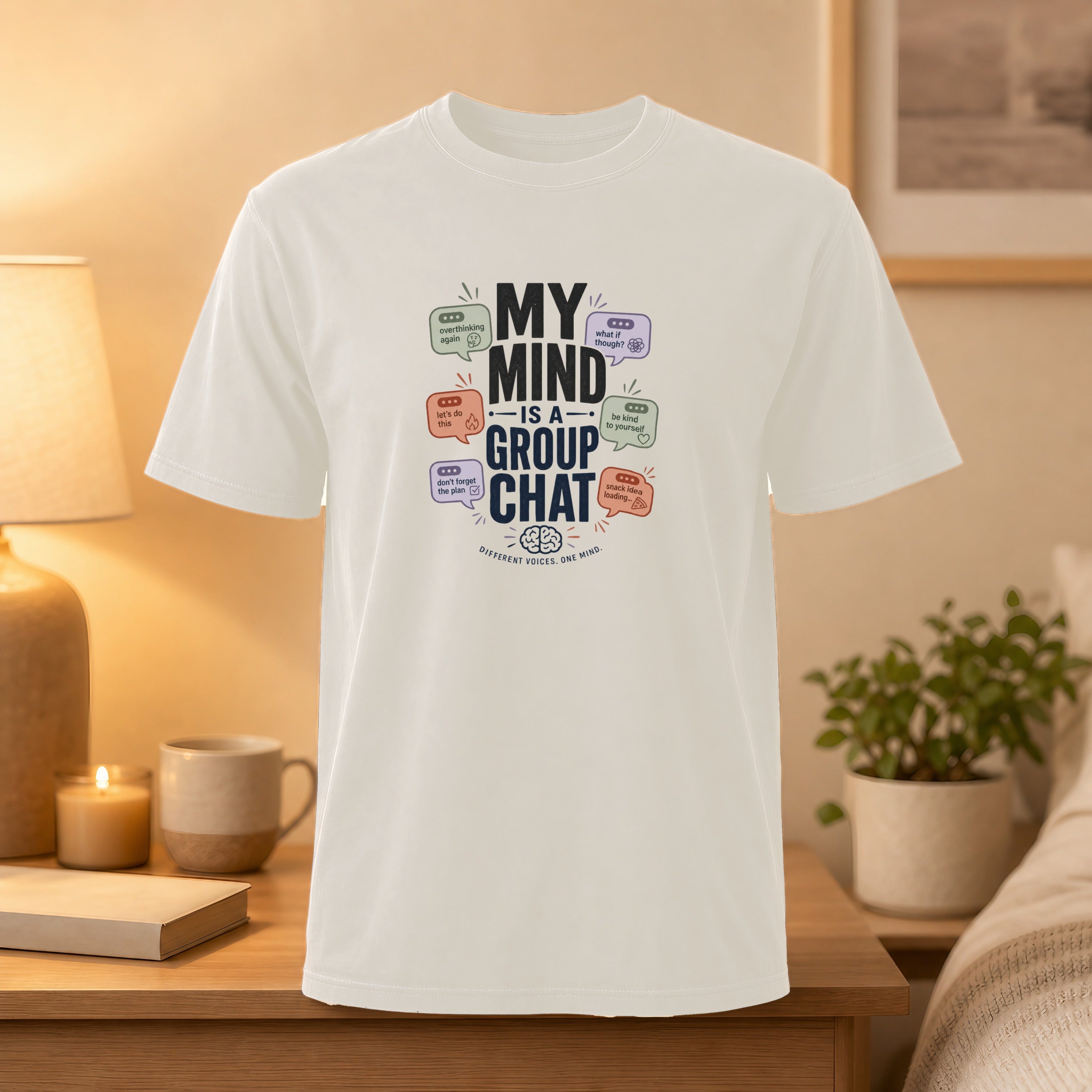White t-shirt with "My Mind is a Group Chat" text and speech bubbles.