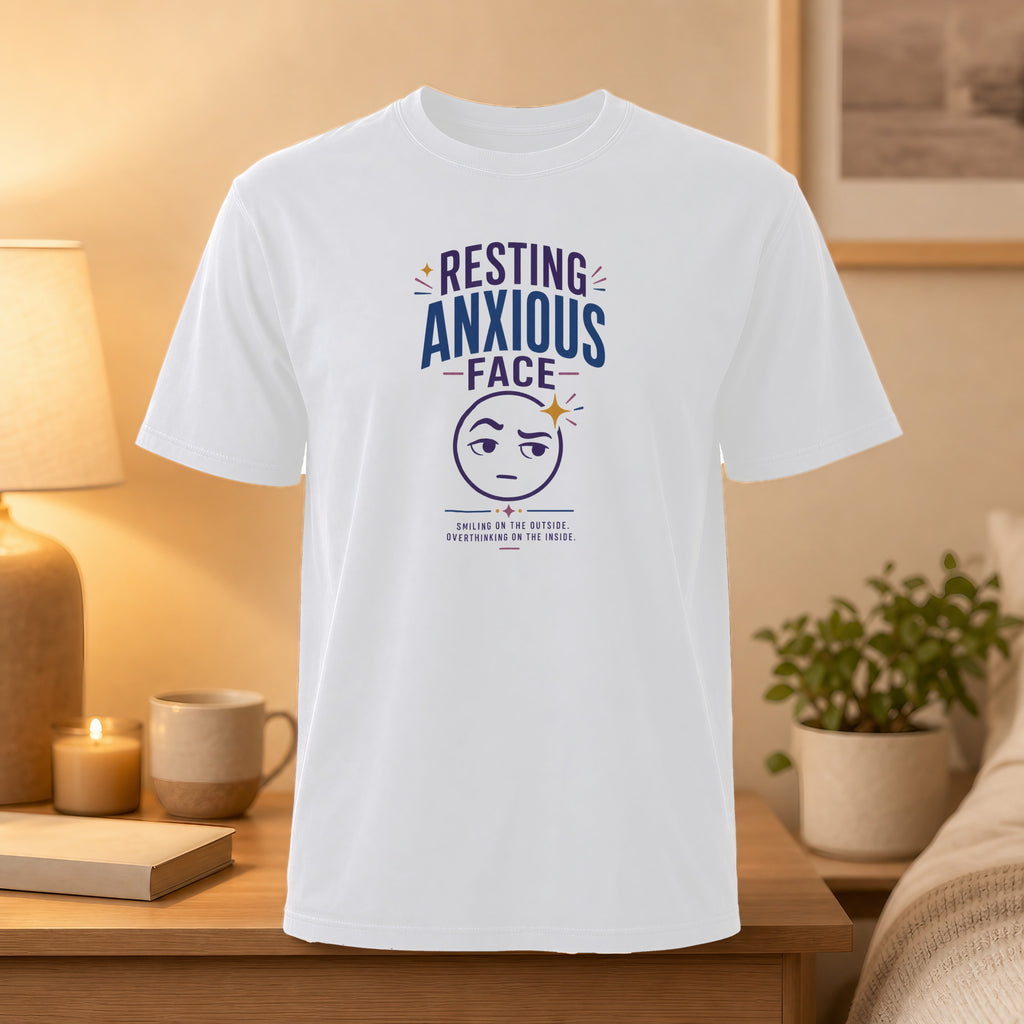 White t-shirt with "Resting Anxious Face" text and emoji graphic.