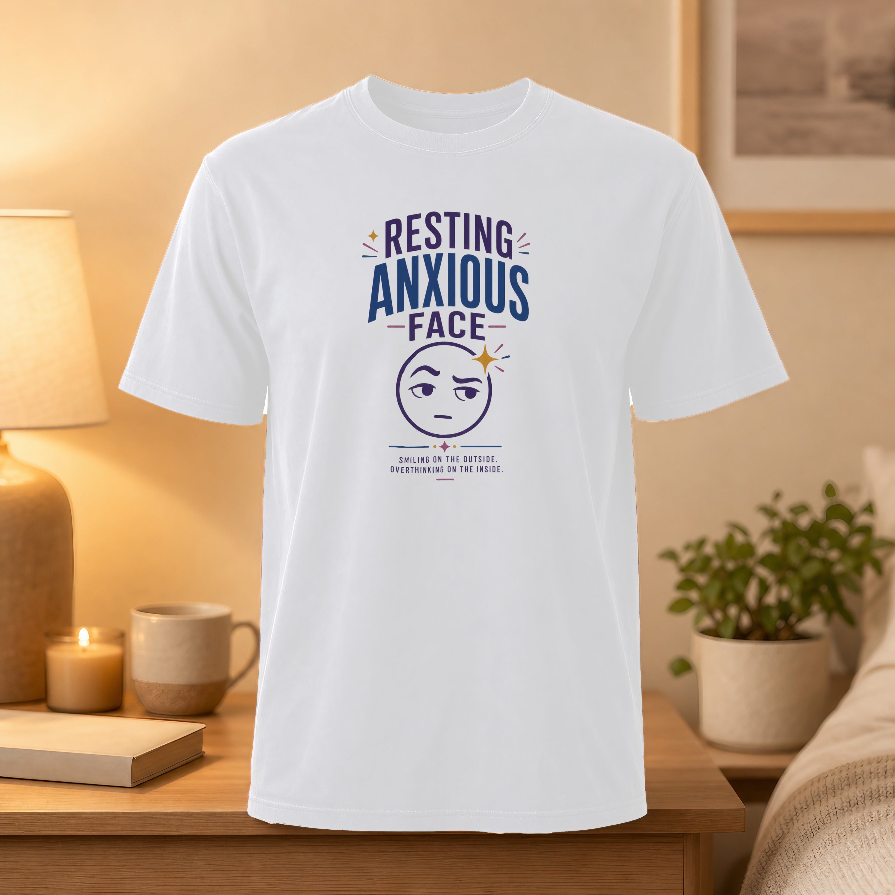 White t-shirt with "Resting Anxious Face" text and emoji graphic.