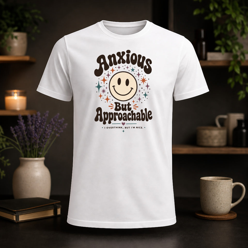White t-shirt with "Anxious But Approachable" text and a retro smiley face.