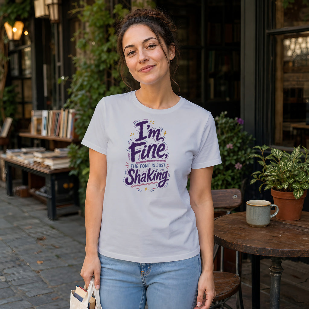 Woman wearing a white t-shirt with "I'm fine. The font is just shaking." text.