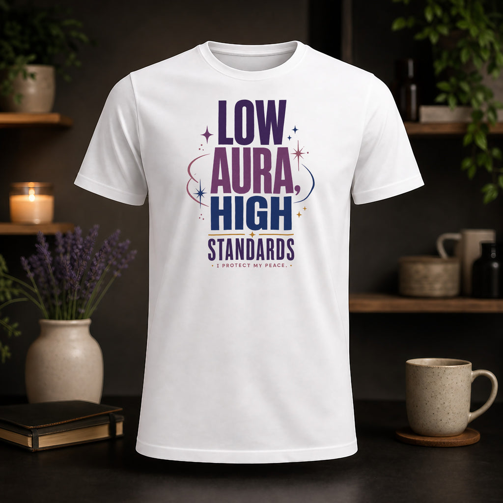 White t-shirt with "LOW AURA HIGH STANDARDS" text and celestial accents.