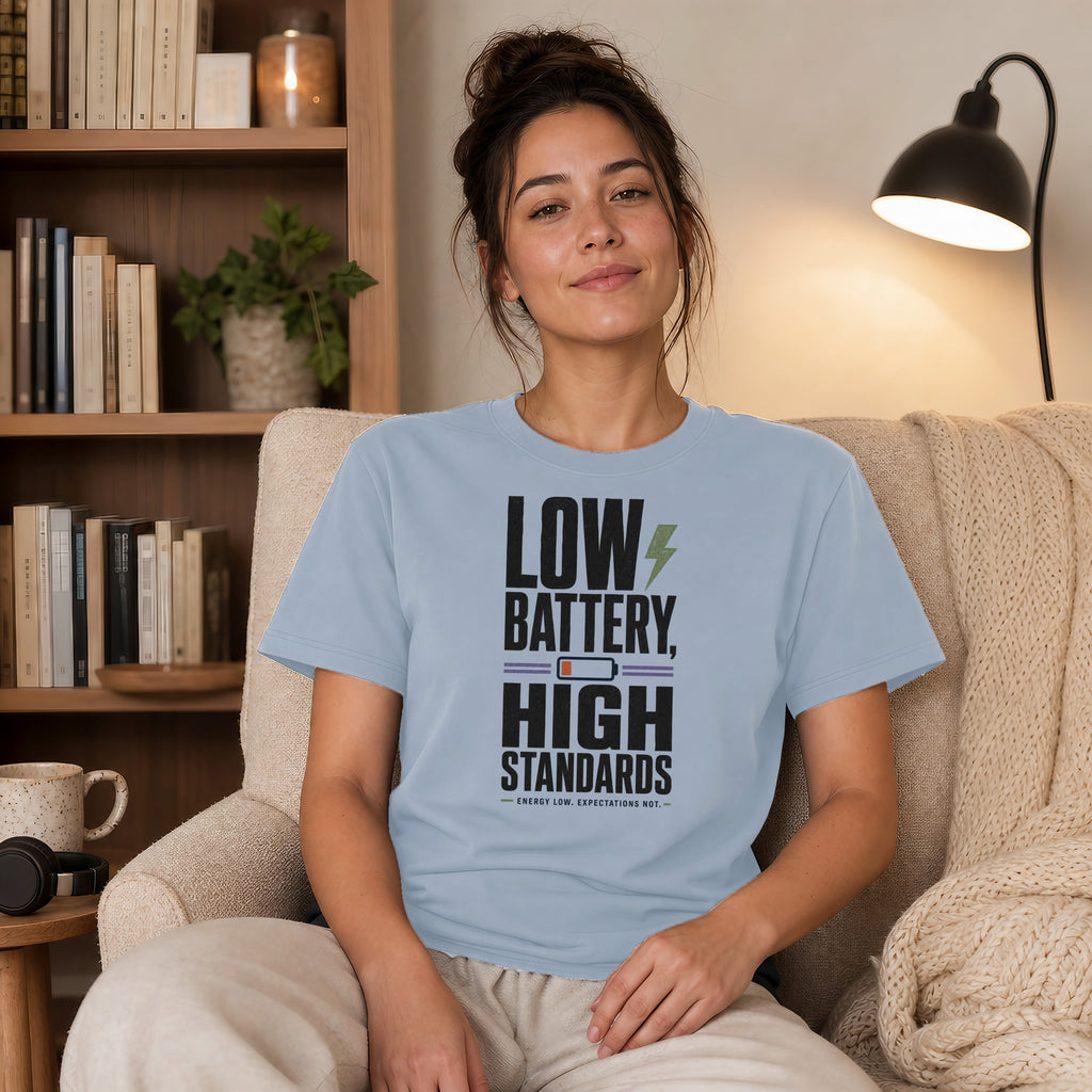 Light blue t-shirt with "LOW BATTERY HIGH STANDARDS" text.