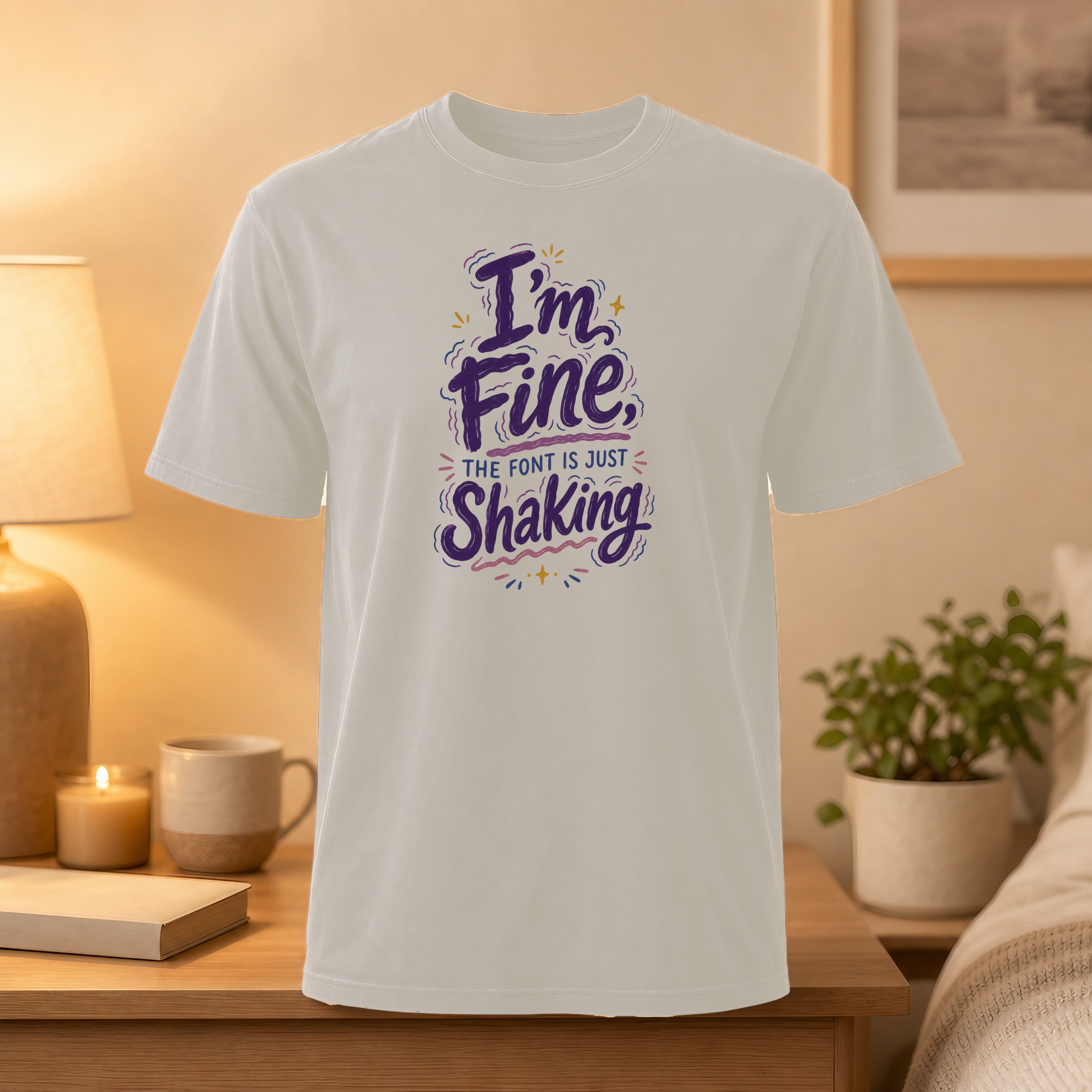 White t-shirt with "I'm Fine, THE FONT IS JUST SHAKING" graphic.