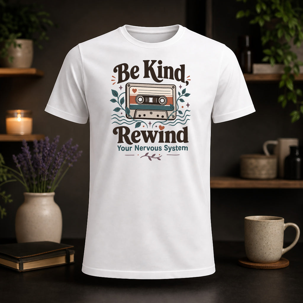 White t-shirt with "Be Kind, Rewind Your Nervous System" and cassette tape graphic.