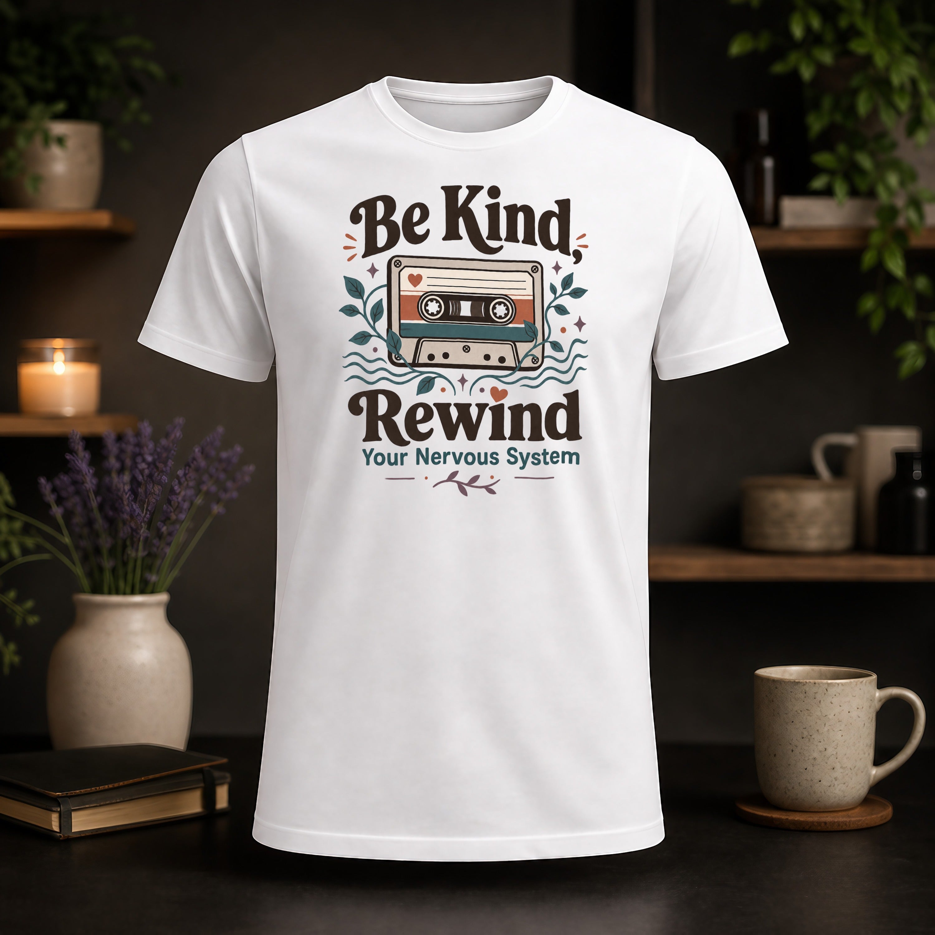 White t-shirt with "Be Kind, Rewind Your Nervous System" and cassette tape graphic.