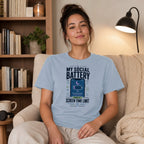 Light blue t-shirt with "MY SOCIAL BATTERY" graphic and text.