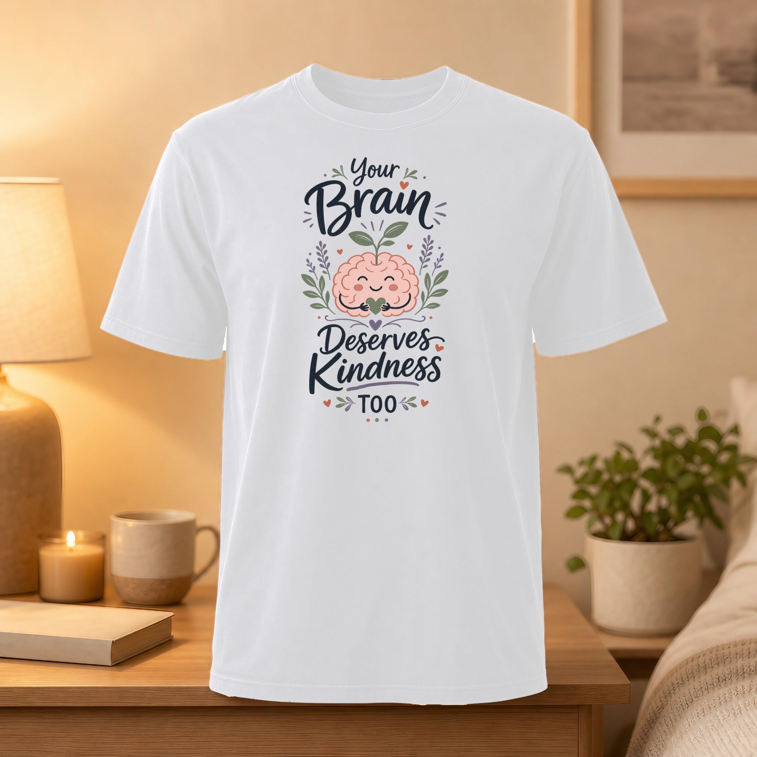 White t-shirt with "Your Brain Deserves Kindness Too" text and a floral brain illustration.