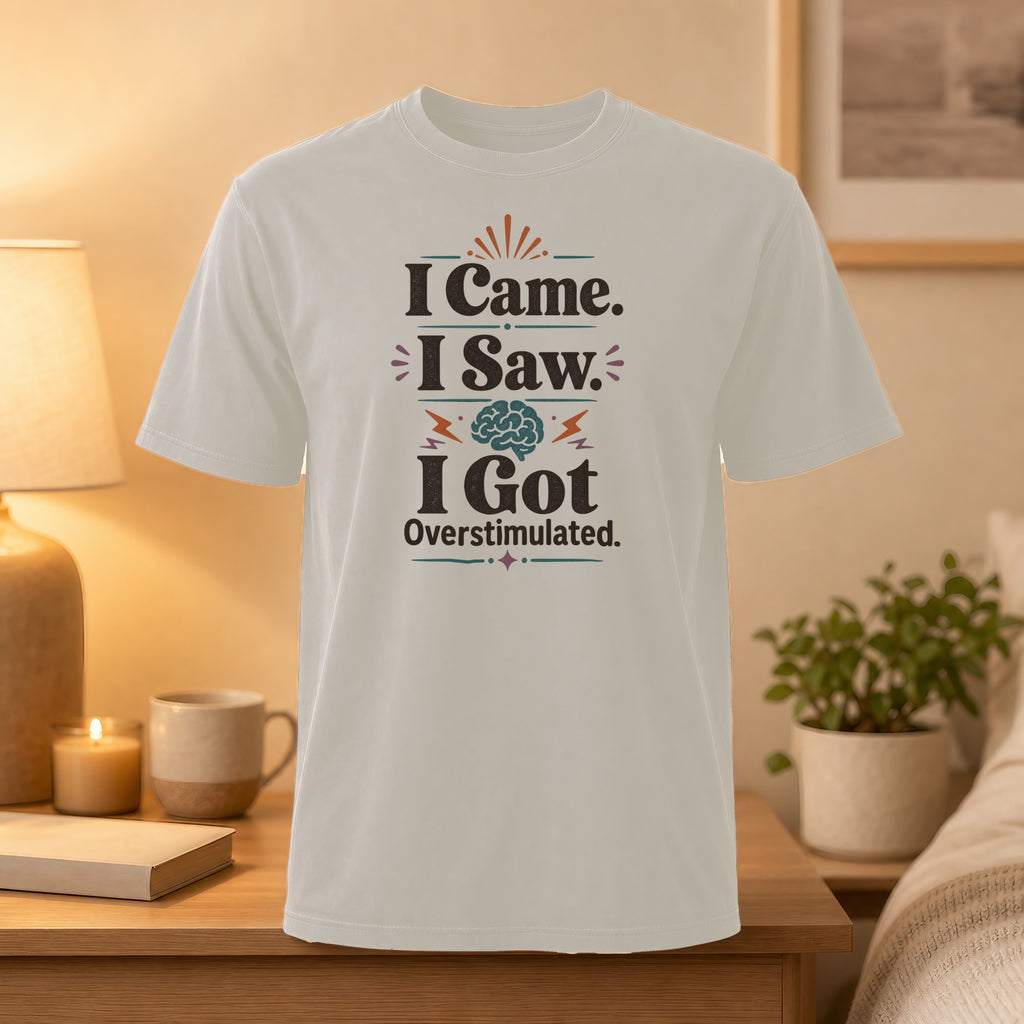 White t-shirt with "I Came. I Saw. I Got Overstimulated." text and brain graphic.