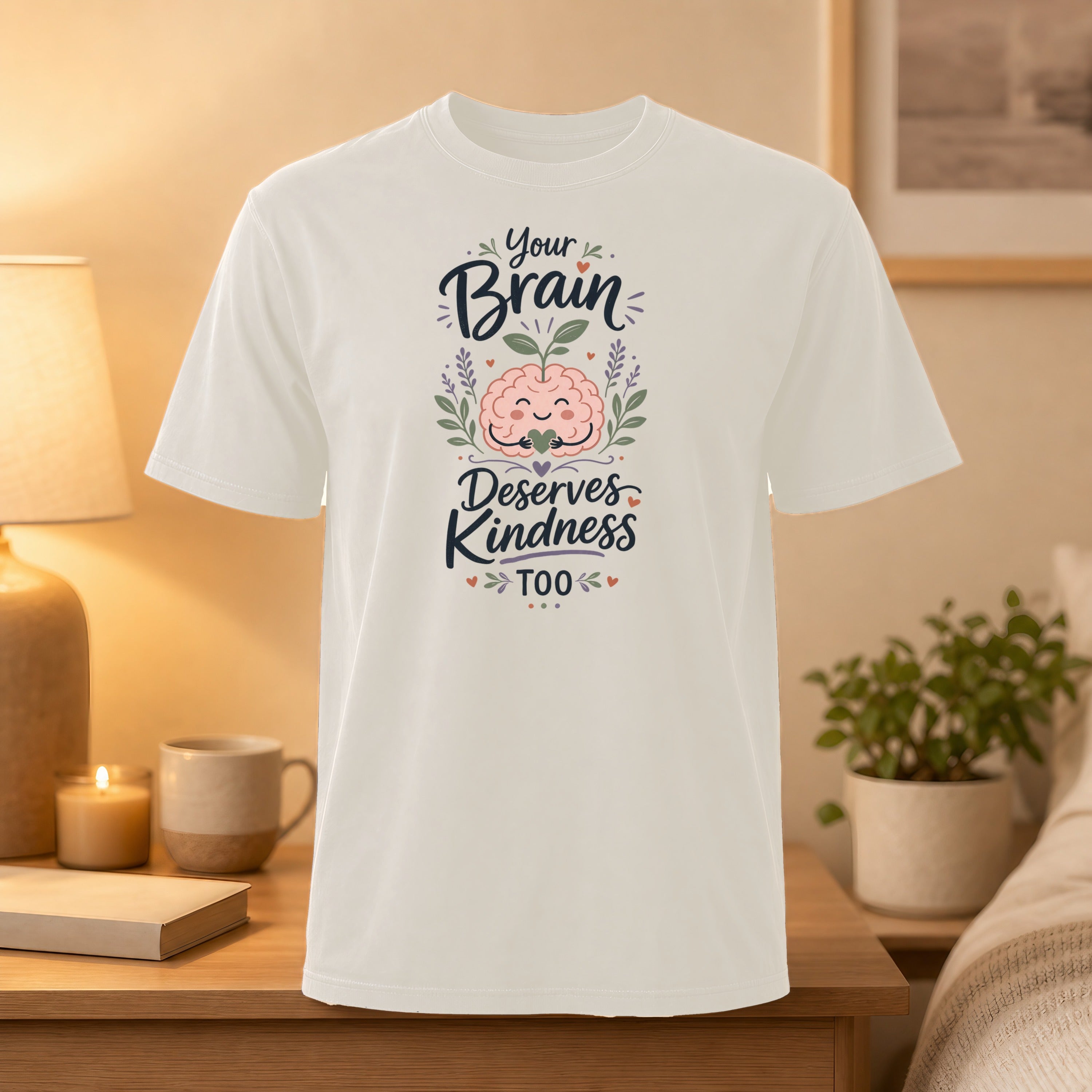 White t-shirt with "Your Brain Deserves Kindness Too" text and a brain graphic.