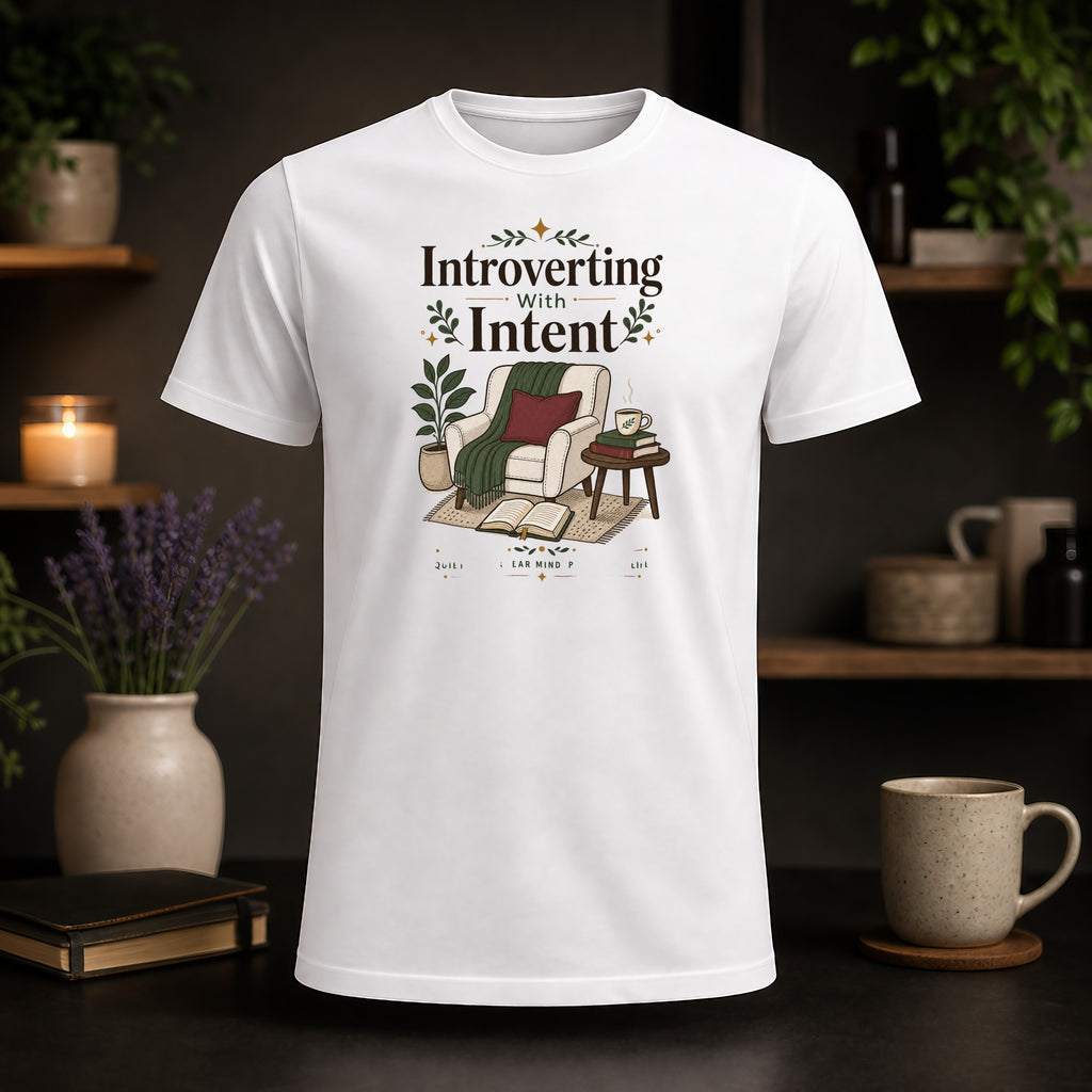 White t-shirt with "Introverting With Intent" text and cozy armchair scene.