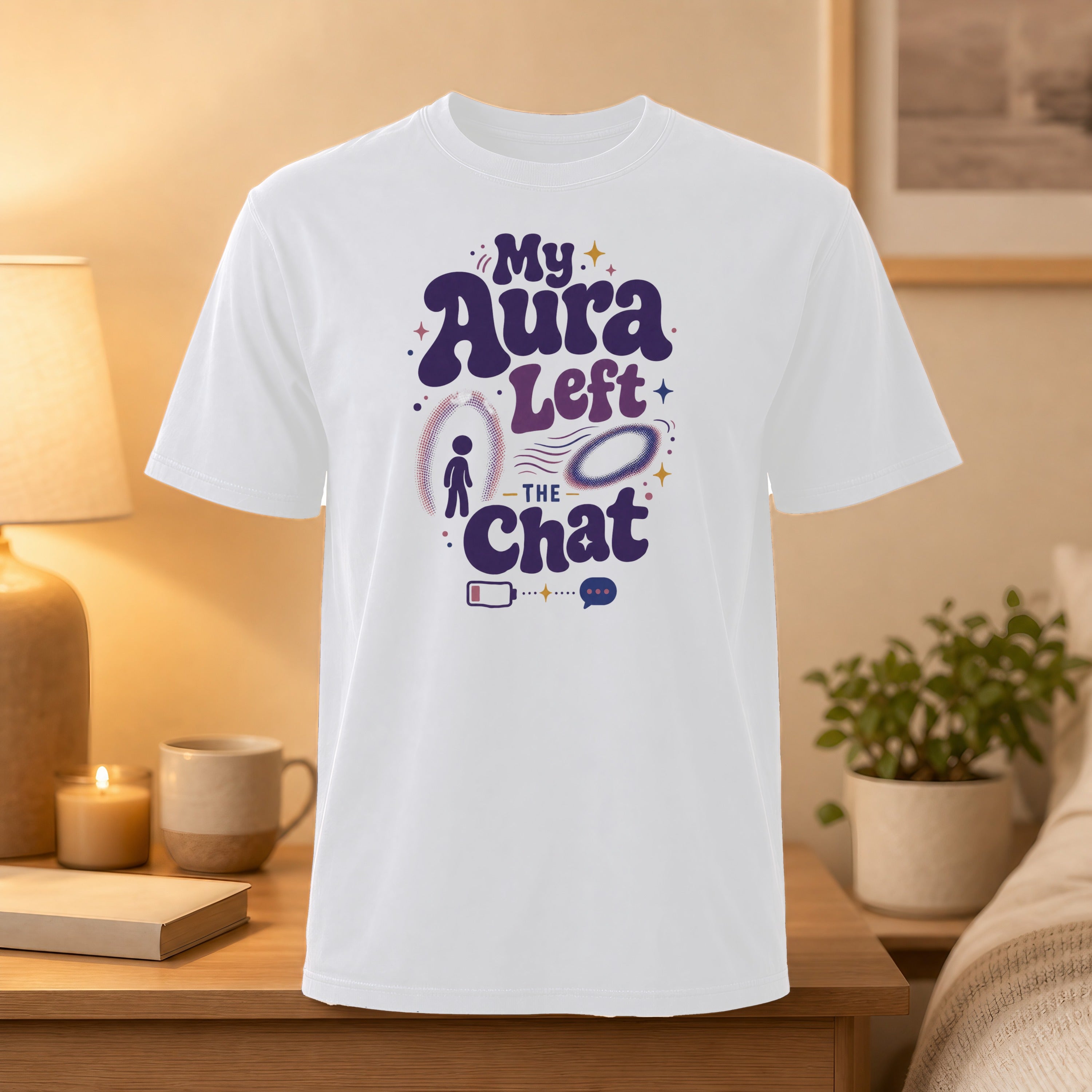 White t-shirt with "My Aura Left The Chat" text and mystical graphics.