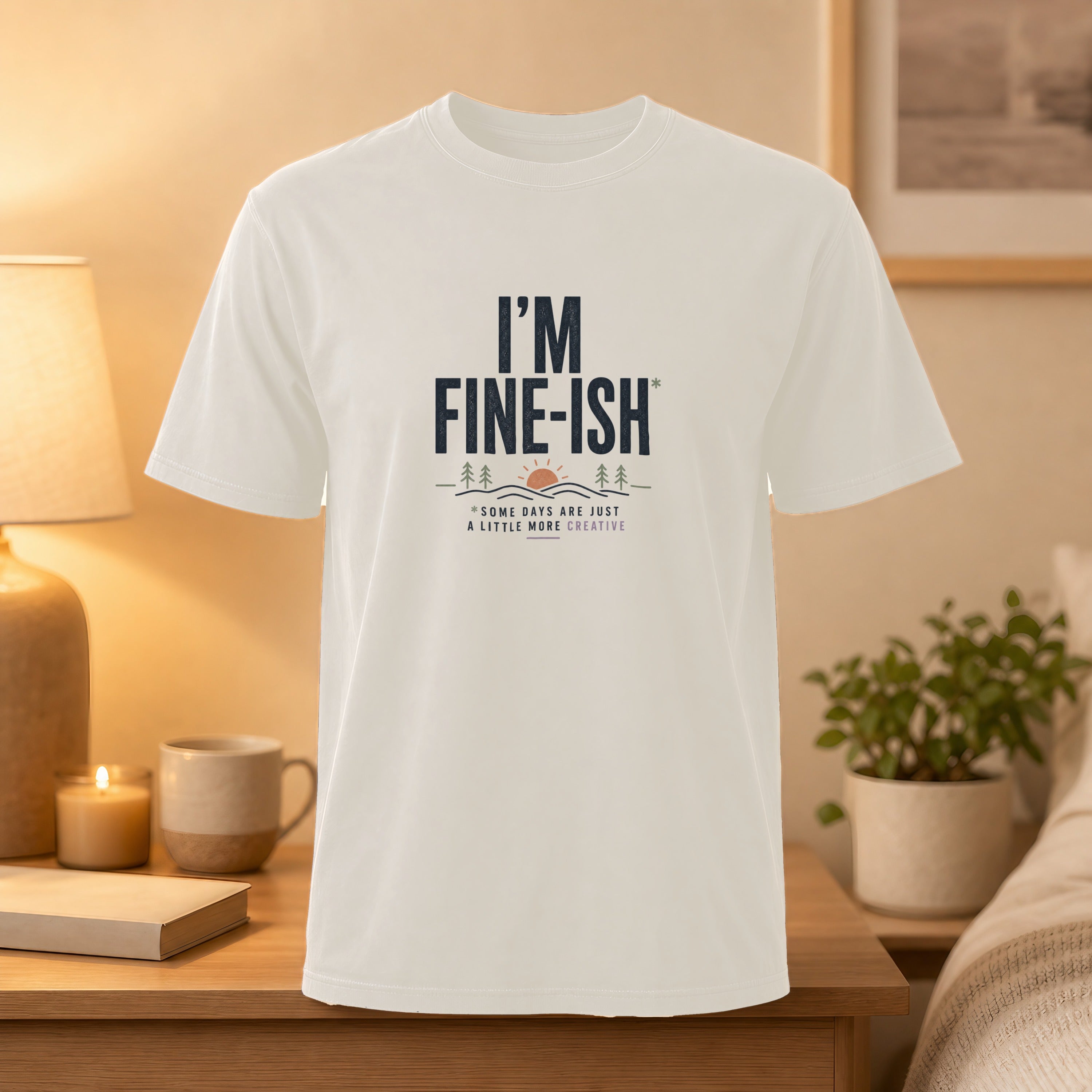 White t-shirt with "I'M FINE-ISH" and "SOME DAYS ARE JUST A LITTLE MORE CREATIVE" text.