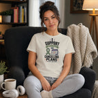 Woman wearing "I Support Mental Health" t-shirt with green ribbon and calendar.