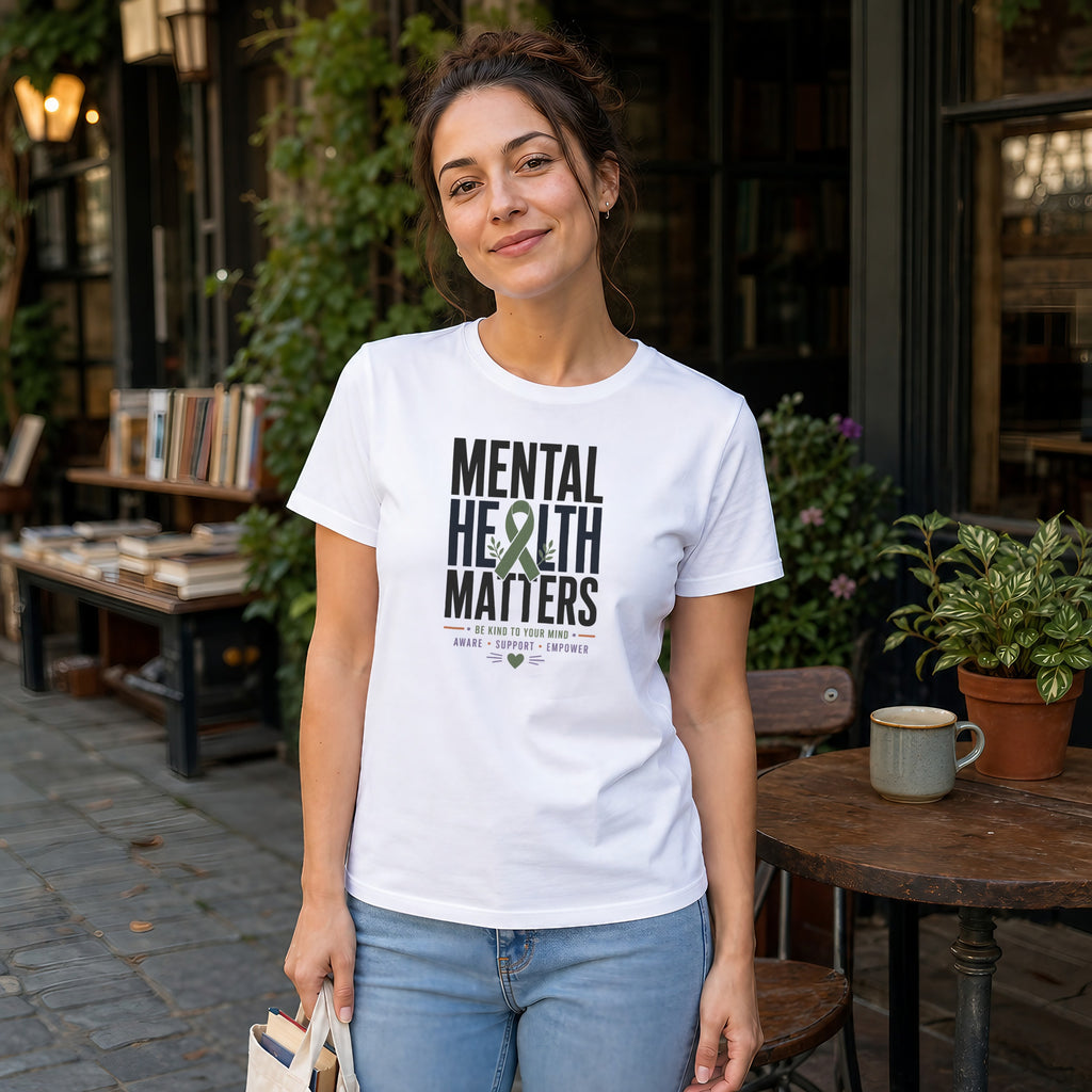 Woman wearing a white t-shirt with "Mental Health Matters" and awareness ribbon graphic.