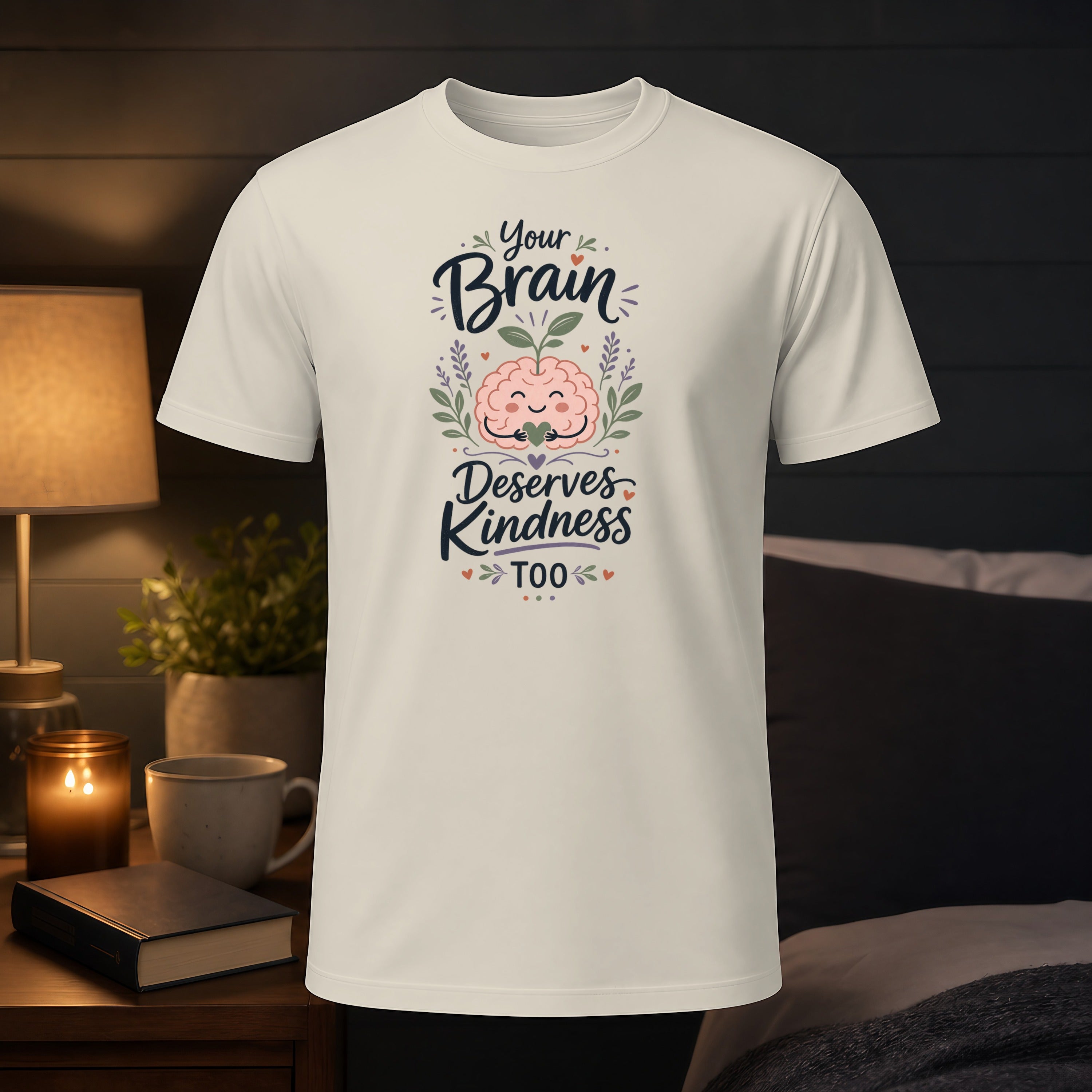 Cream t-shirt with "Your Brain Deserves Kindness Too" text and brain graphic.