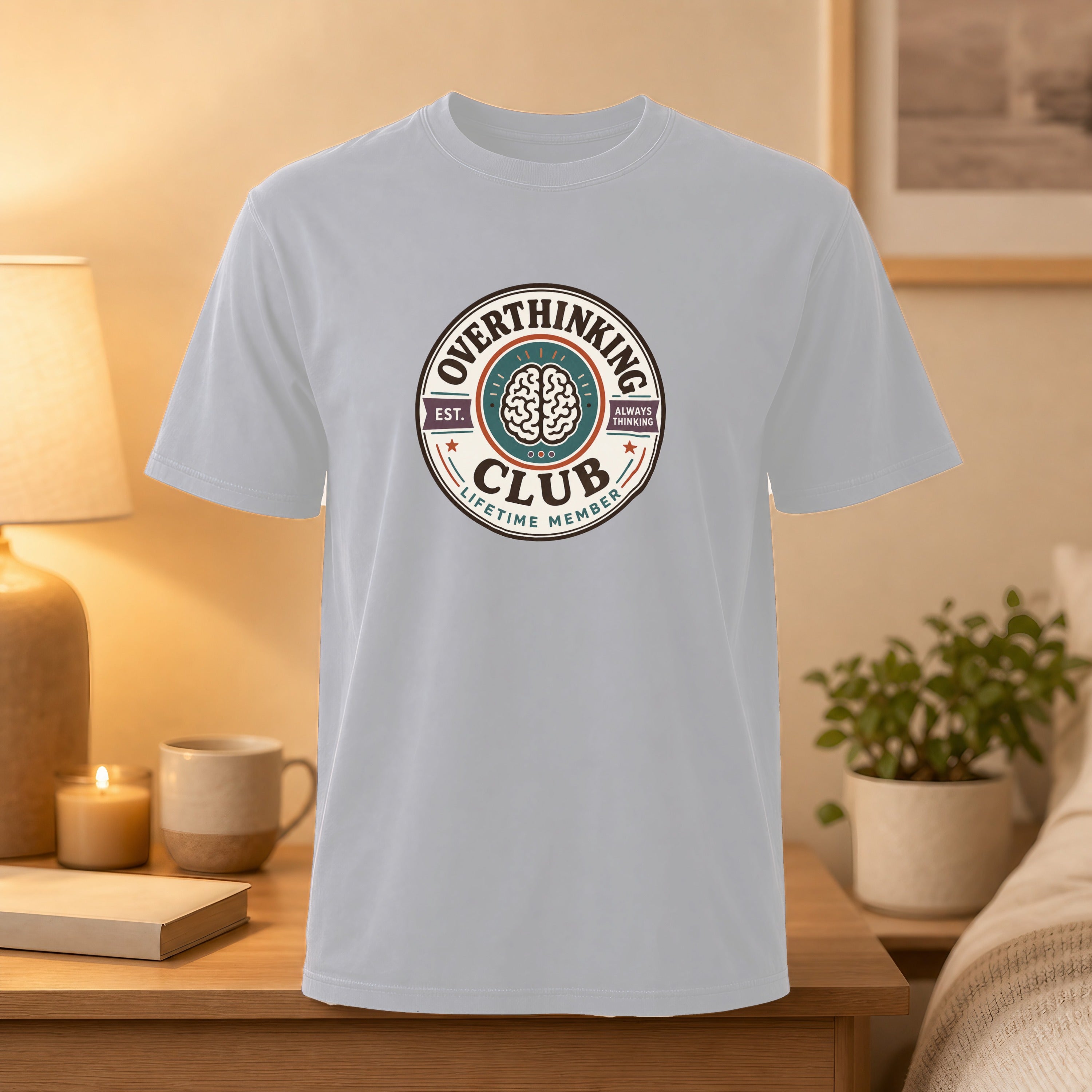 Light grey t-shirt with "Overthinking Lifetime Member" brain logo and text.