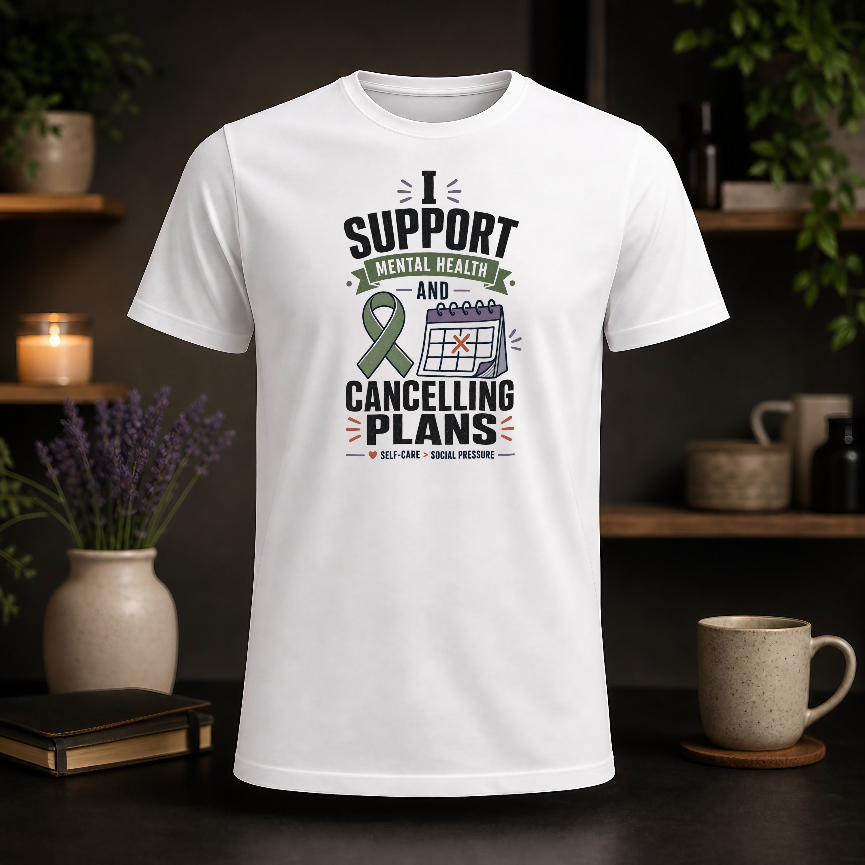 White t-shirt with "I Support Mental Health and Cancelling Plans" text.