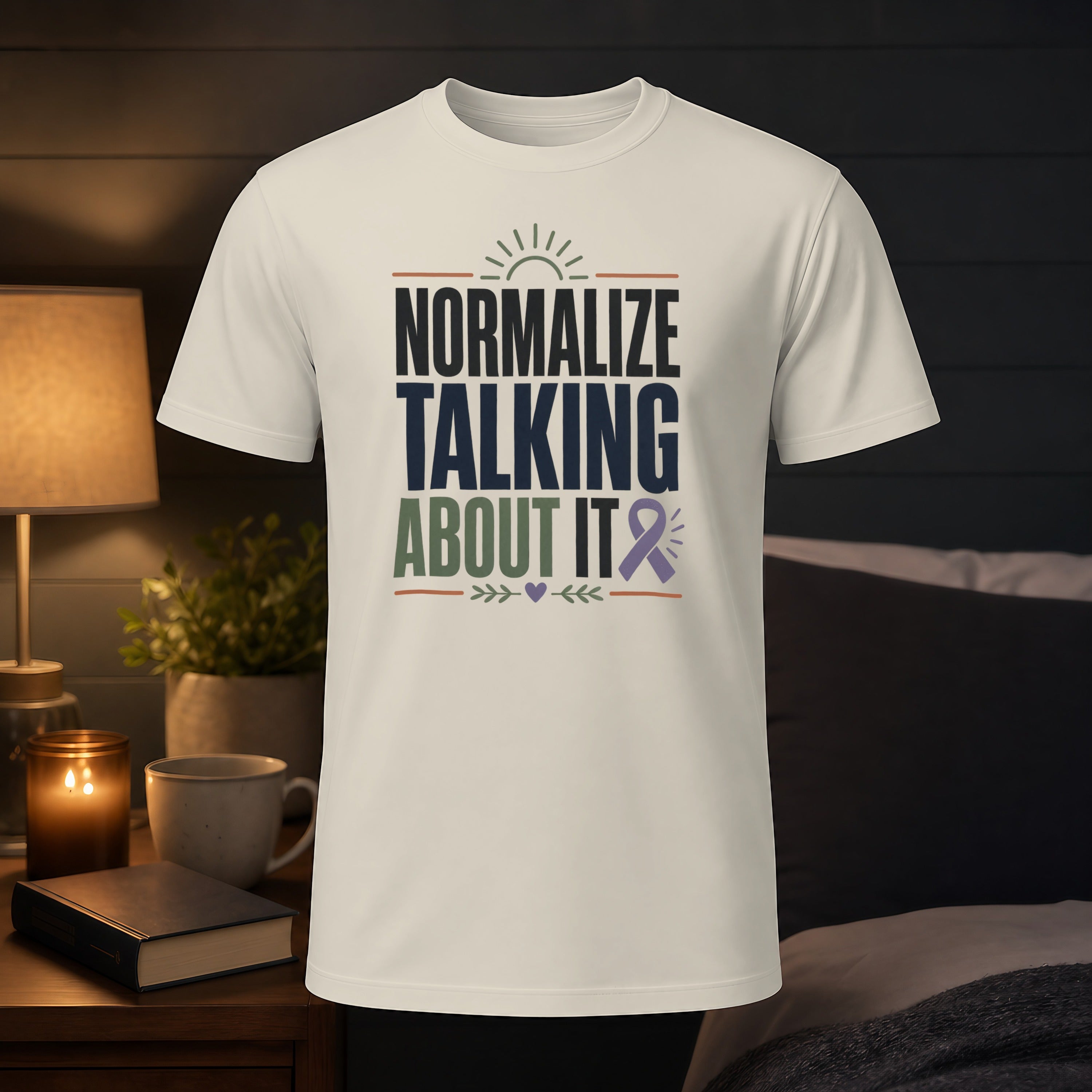 Cream t-shirt with "Normalize Talking About It" text and purple awareness ribbon.